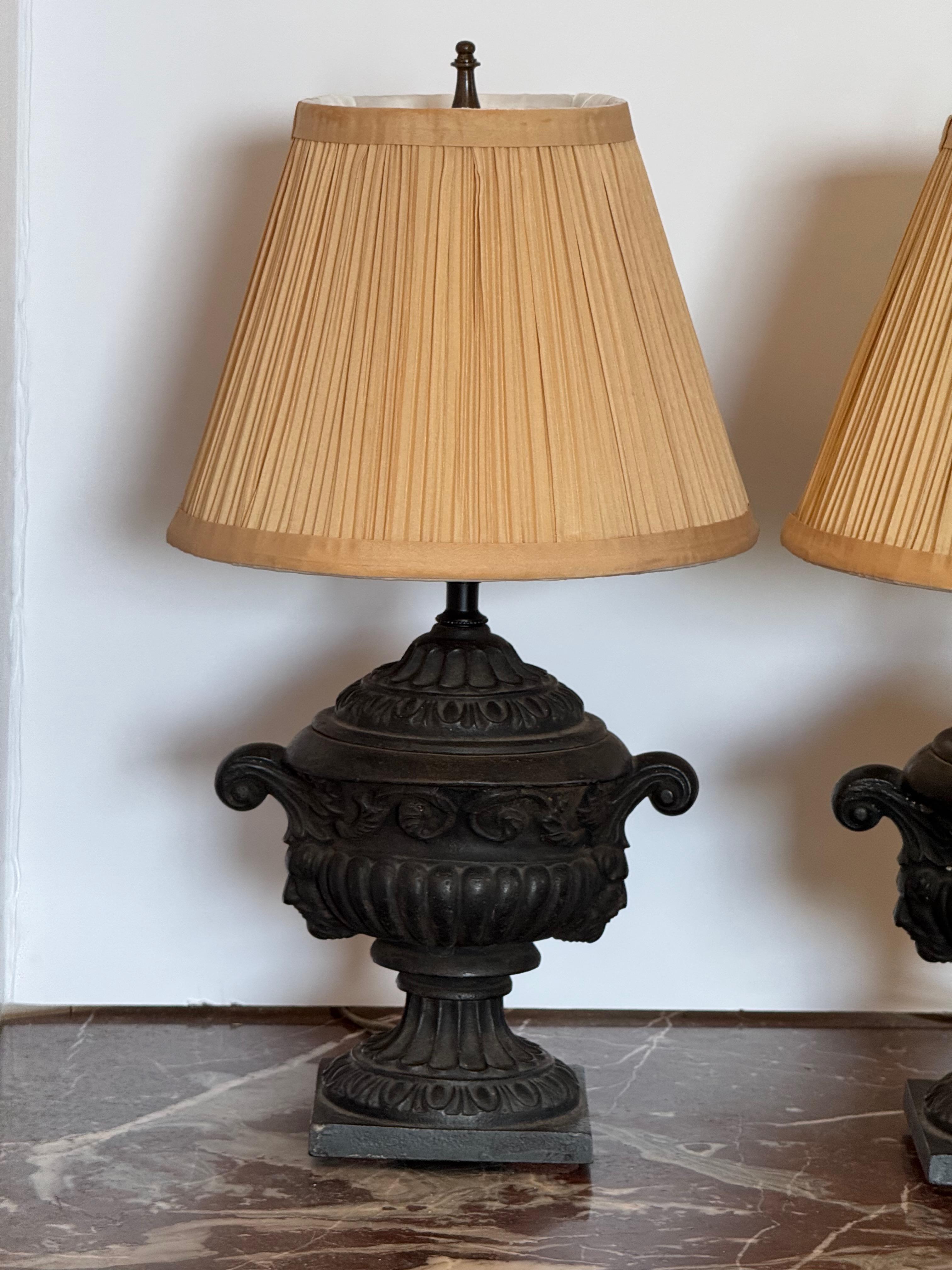 Pair of 1920s Cast Iron Urn-Form Table Lamps In Good Condition For Sale In Charlottesville, VA