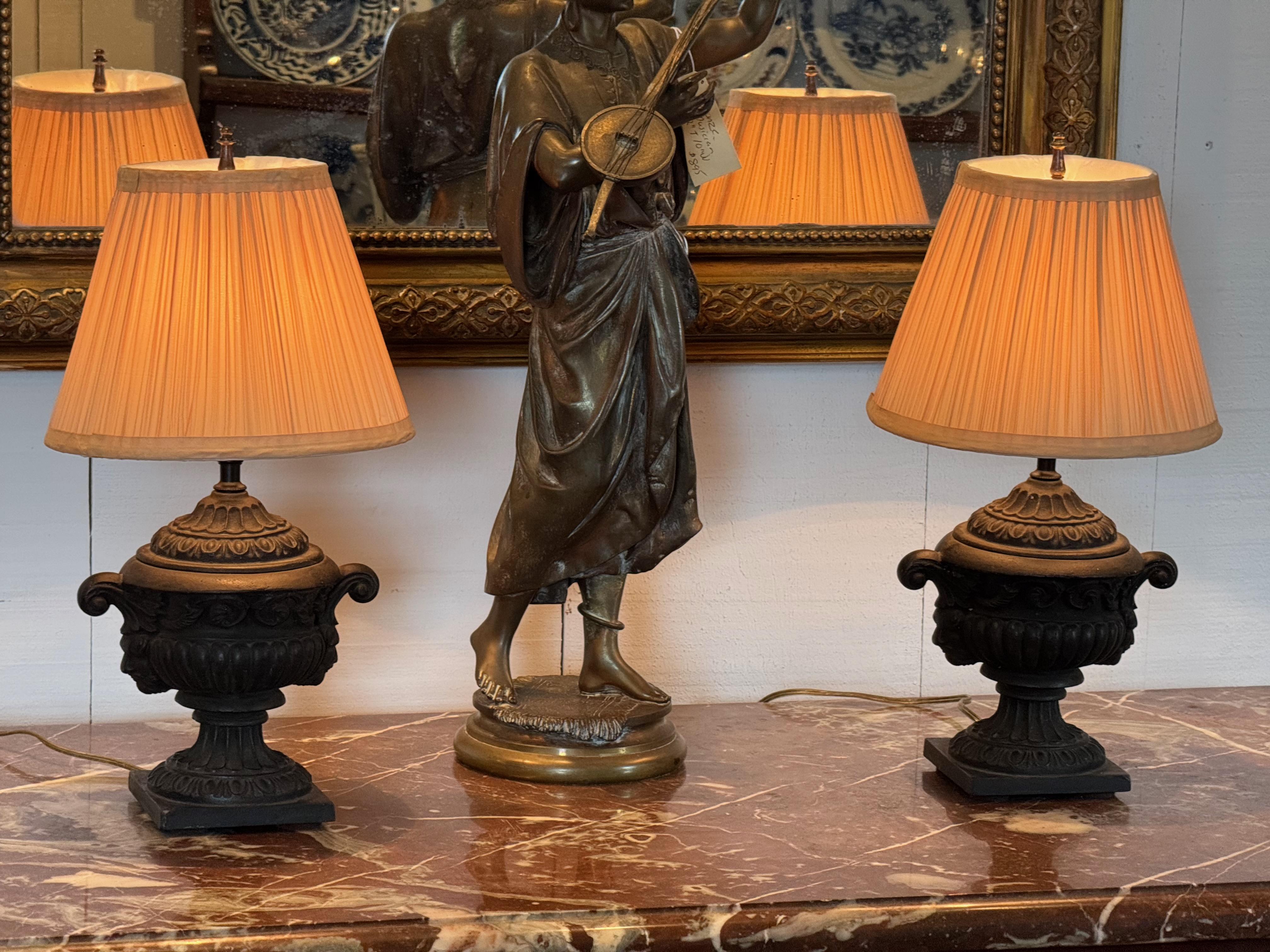Pair of 1920s Cast Iron Urn-Form Table Lamps For Sale 3