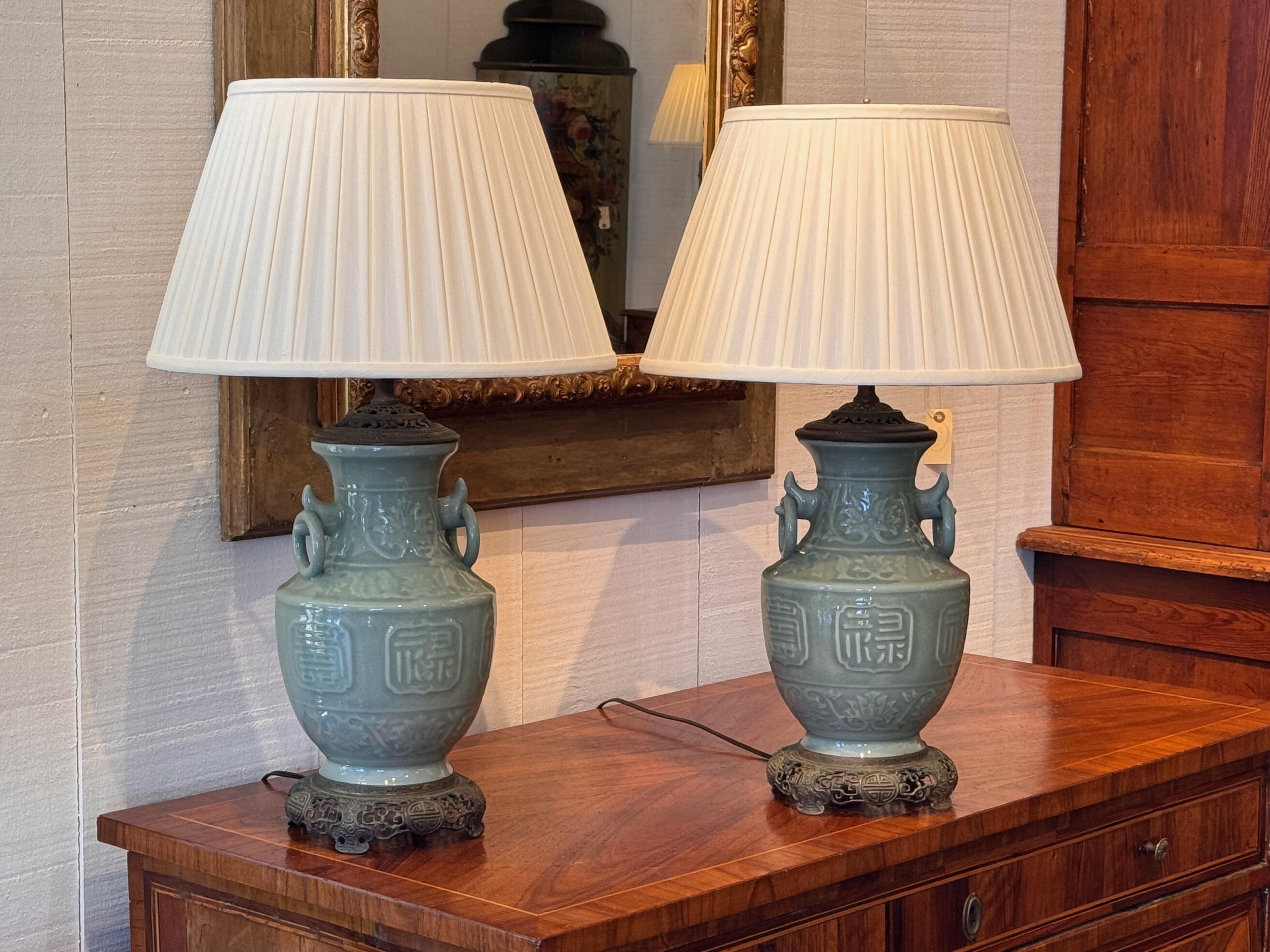 Celadon is such a popular color. This is a handsome pair of lamps.