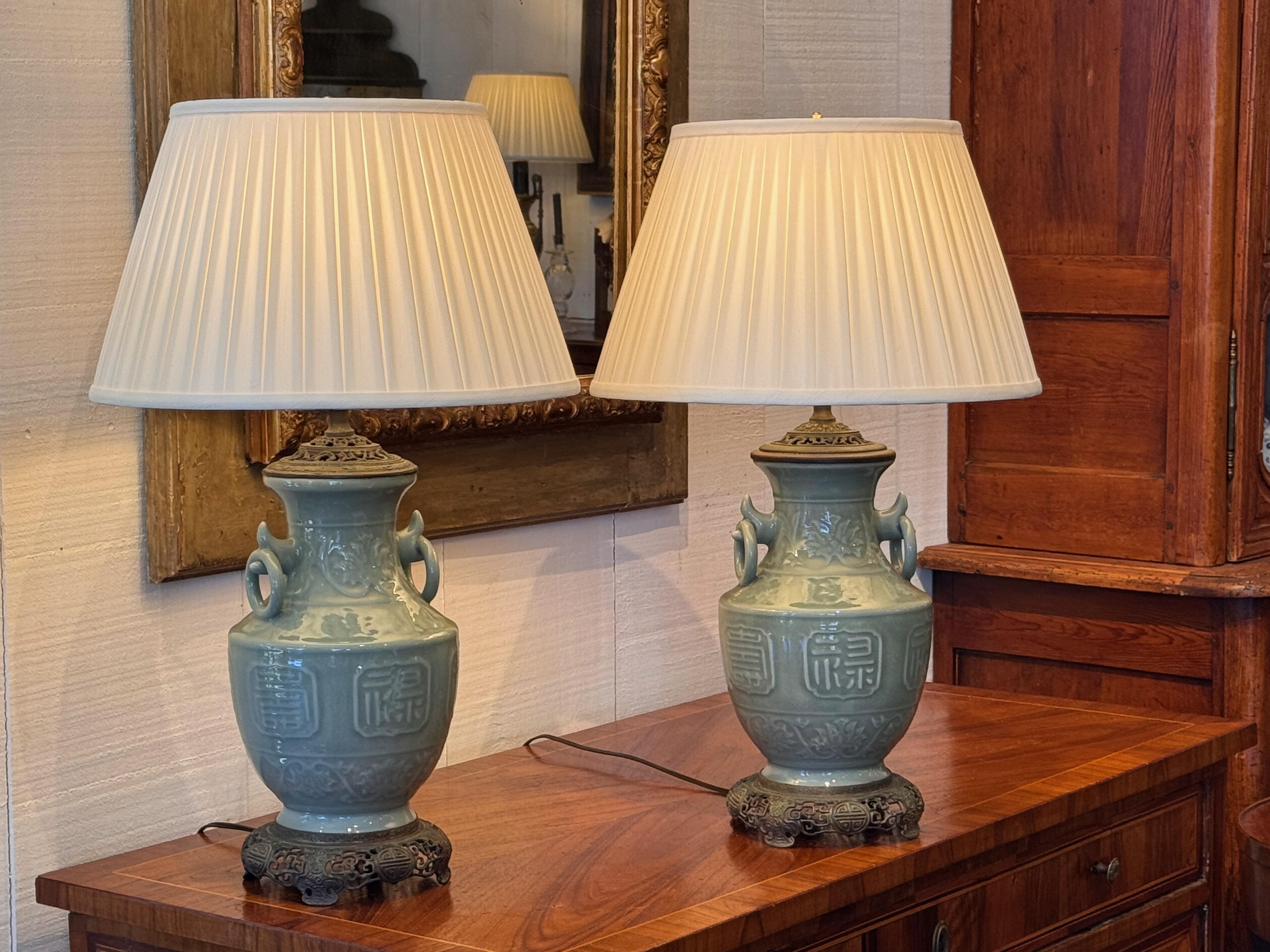 Pair of 1920s Celedon Lamps In Good Condition In Charlottesville, VA