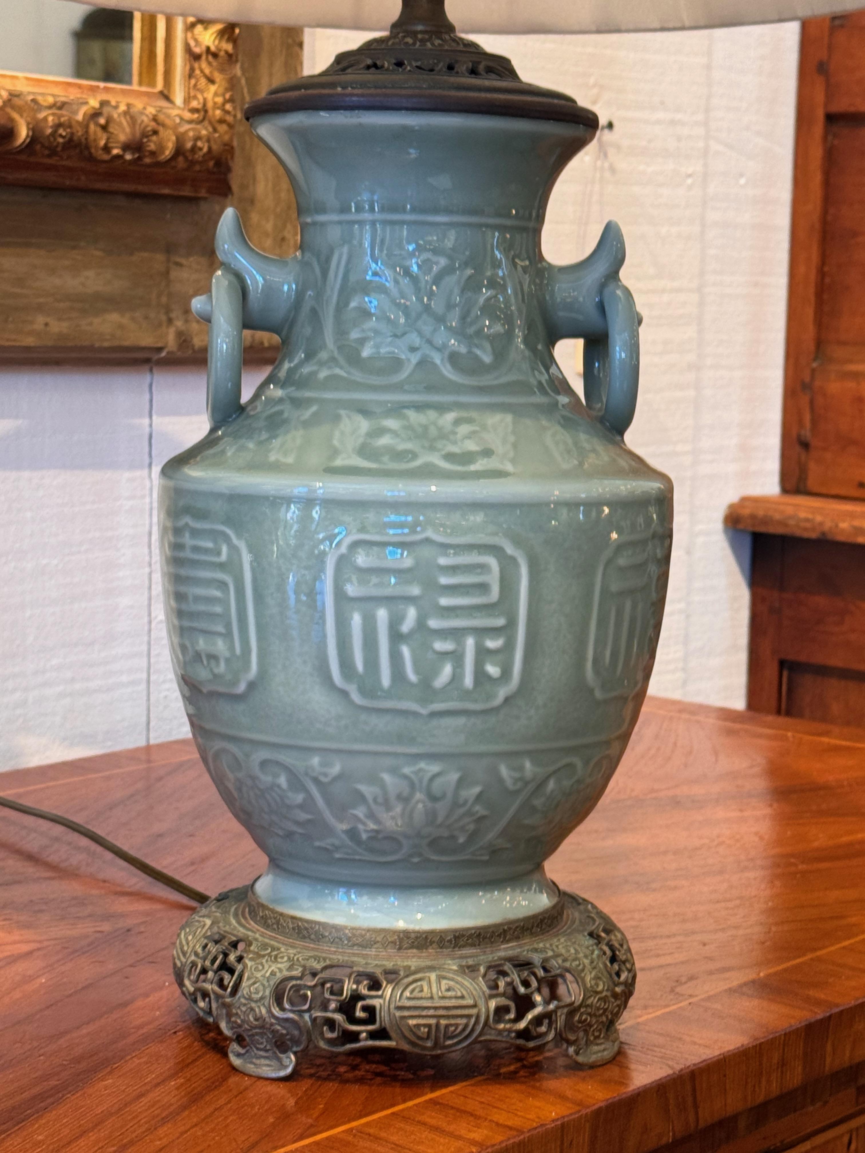 Ceramic Pair of 1920s Celedon Lamps