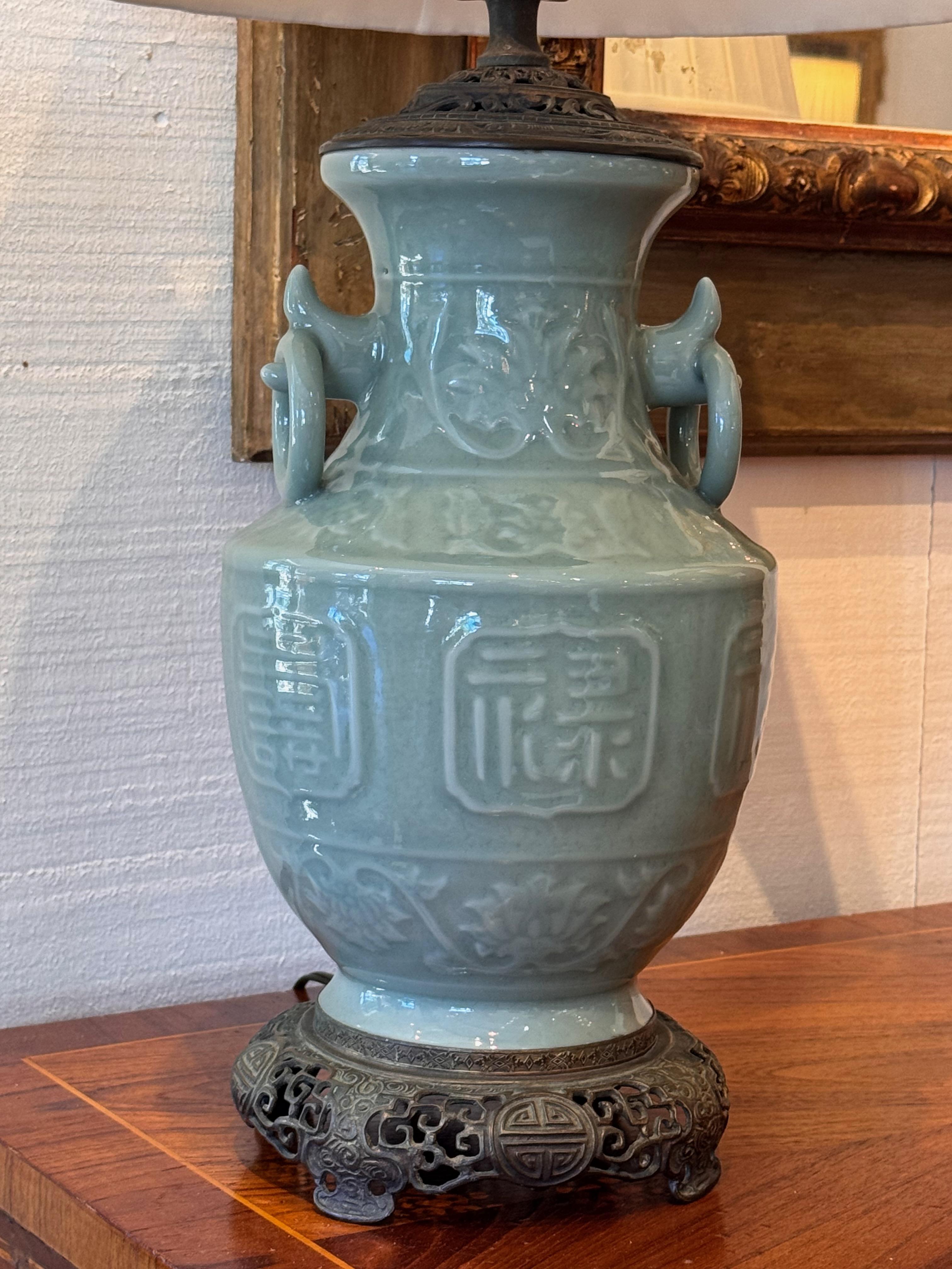Pair of 1920s Celedon Lamps 1