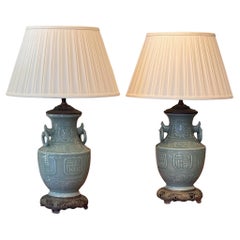 Pair of 1920s Celedon Lamps