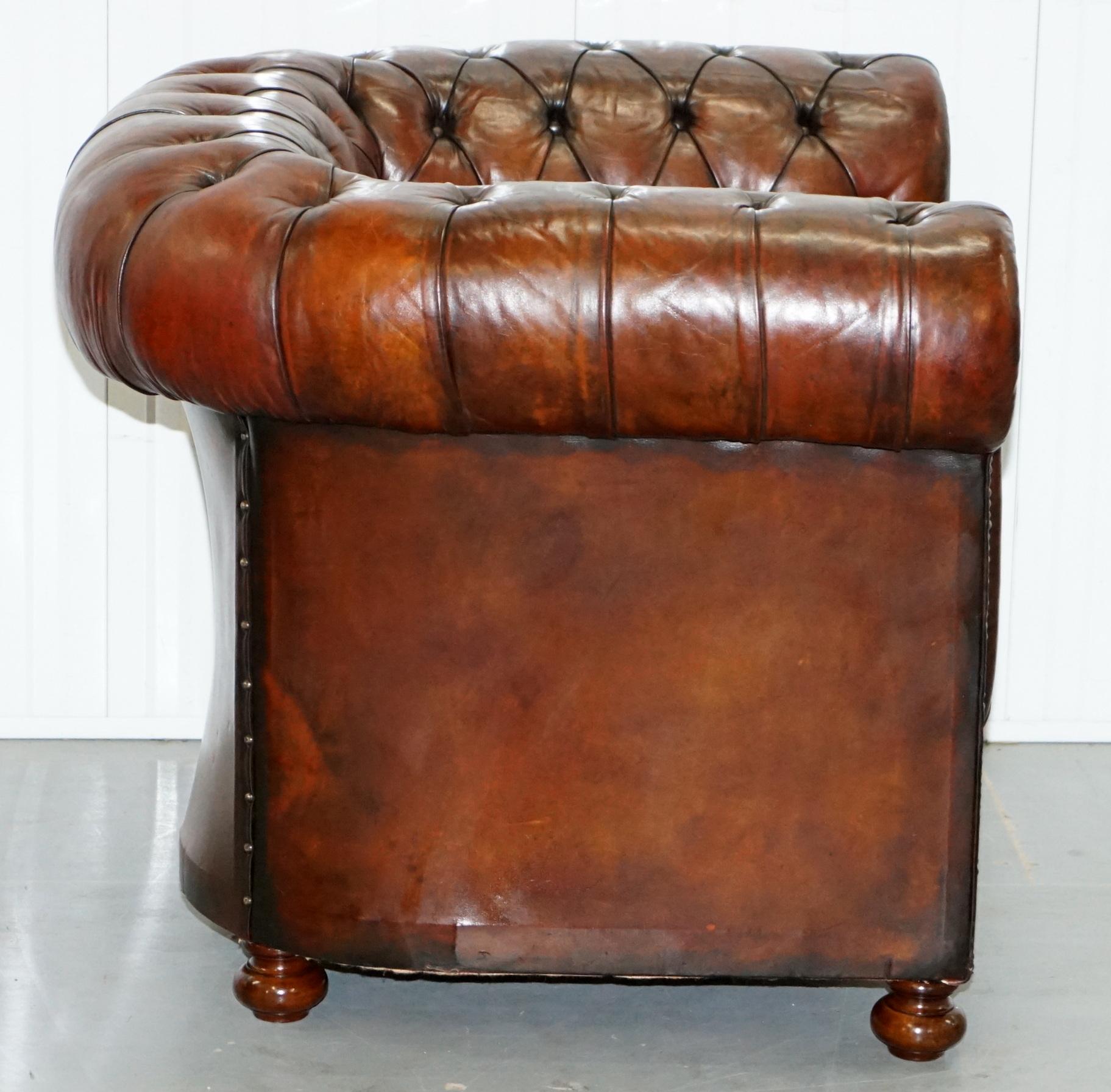 Pair of 1920s Chesterfield Hand Dyed Brown Leather Club Armchairs Walnut Feet 4
