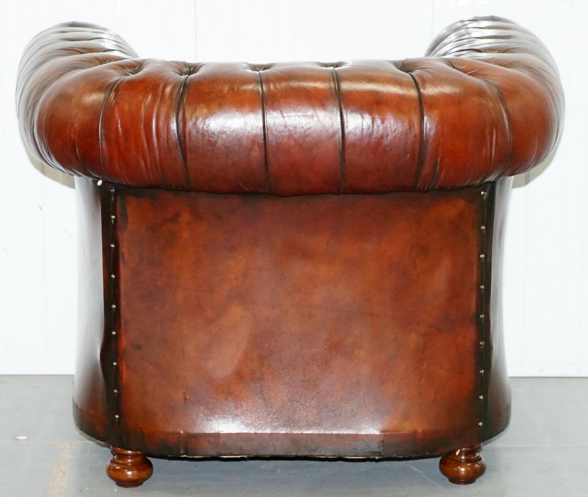 Pair of 1920s Chesterfield Hand Dyed Brown Leather Club Armchairs Walnut Feet 5