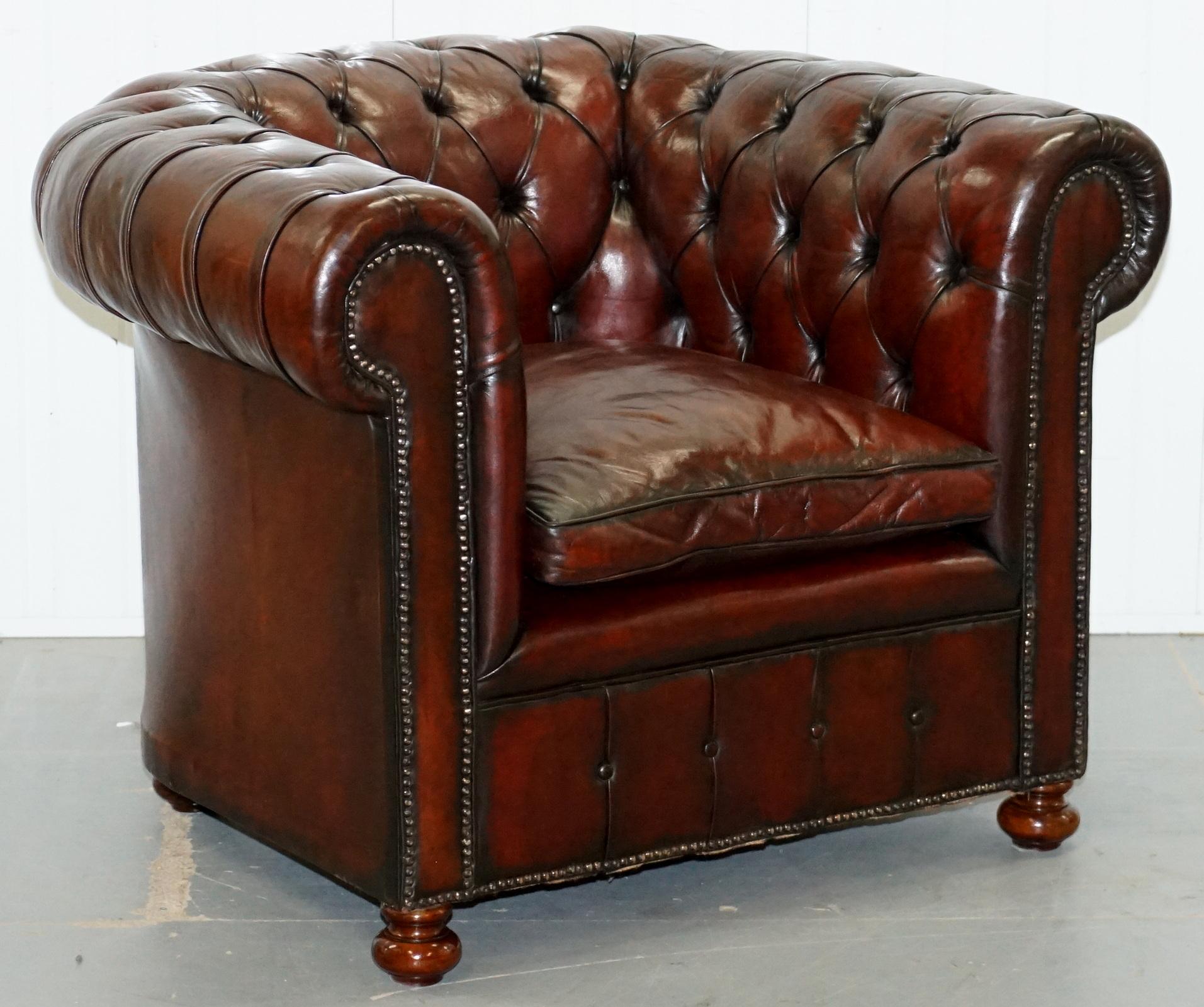 Pair of 1920s Chesterfield Hand Dyed Brown Leather Club Armchairs Walnut Feet 6