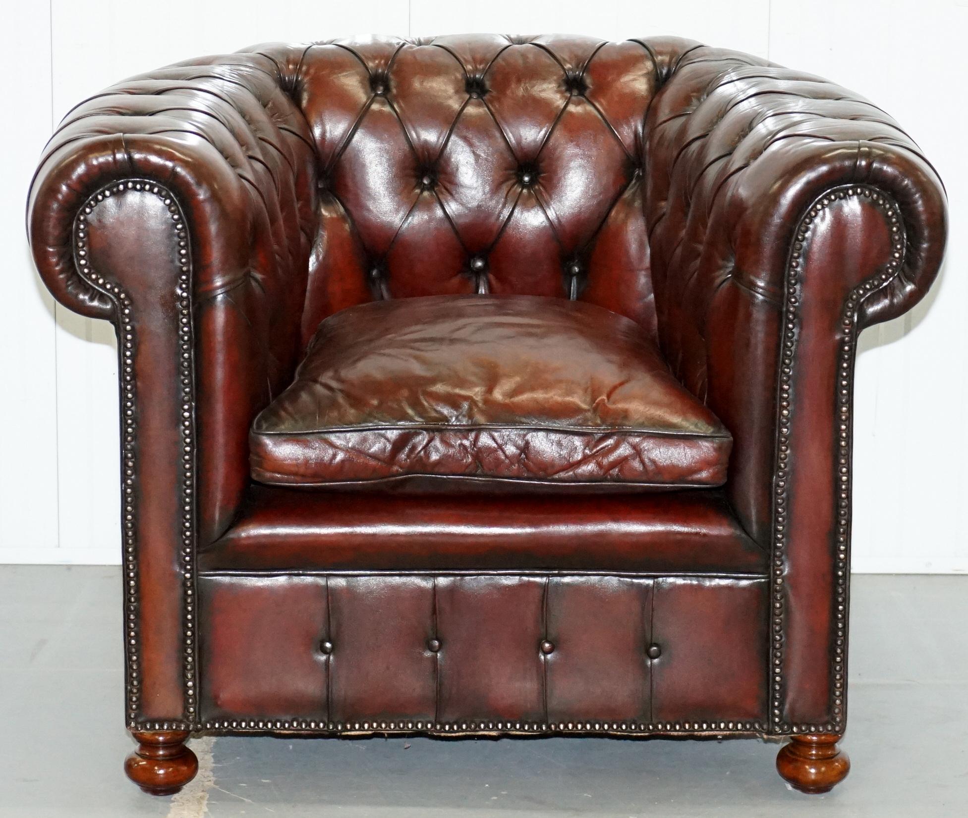 Pair of 1920s Chesterfield Hand Dyed Brown Leather Club Armchairs Walnut Feet 7
