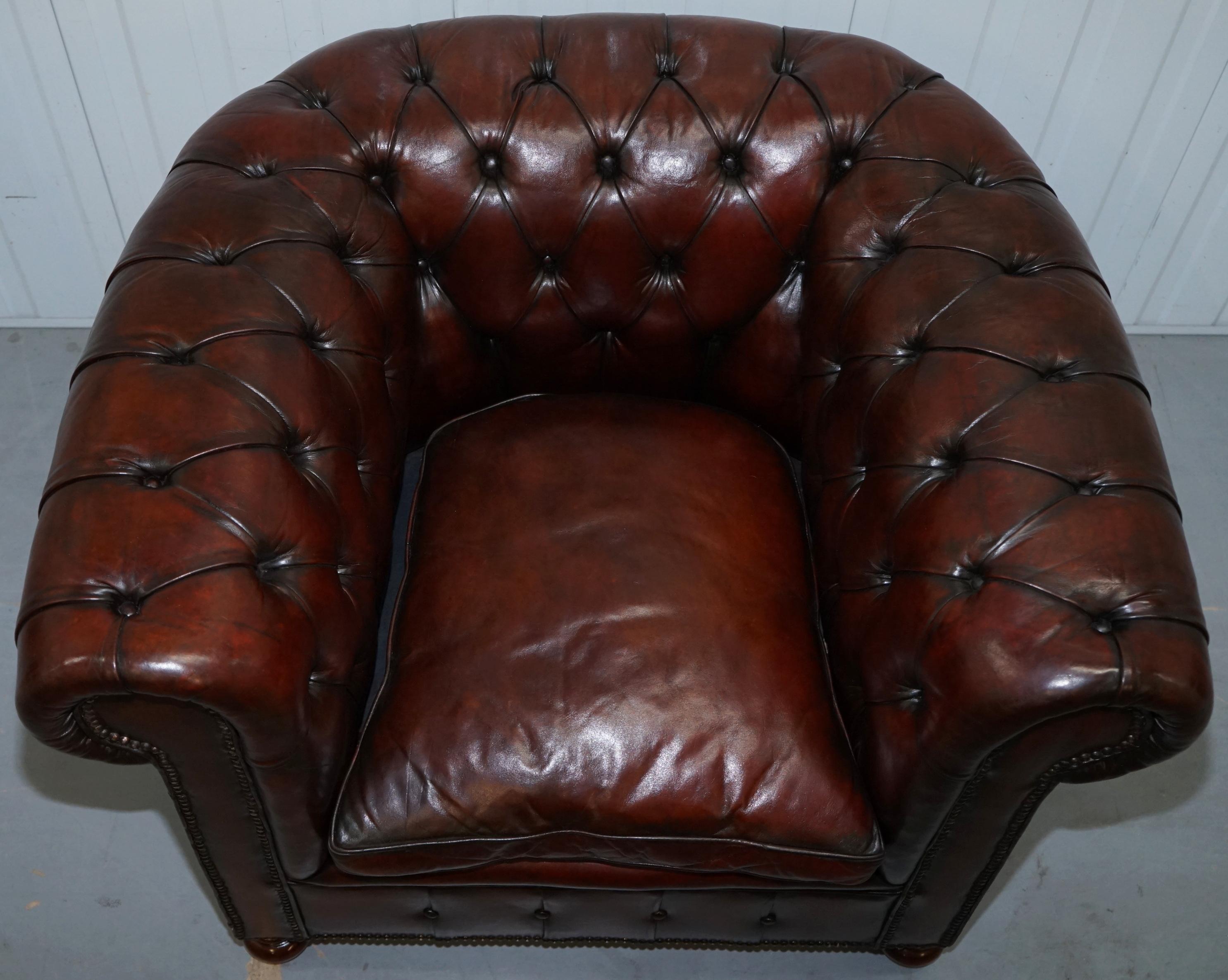 Pair of 1920s Chesterfield Hand Dyed Brown Leather Club Armchairs Walnut Feet 8