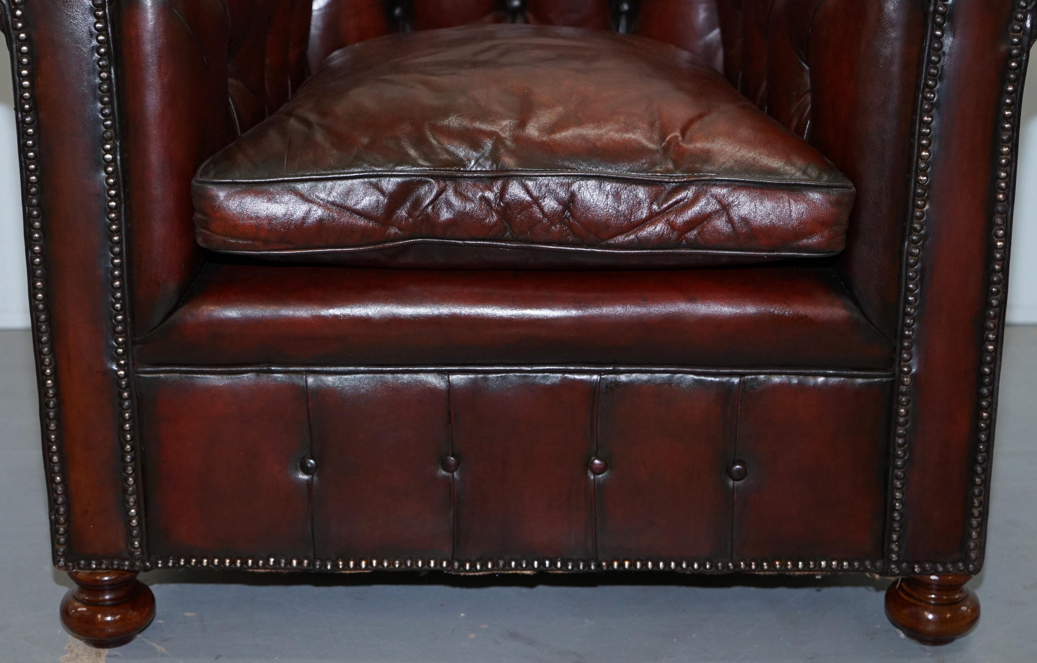 Pair of 1920s Chesterfield Hand Dyed Brown Leather Club Armchairs Walnut Feet 12