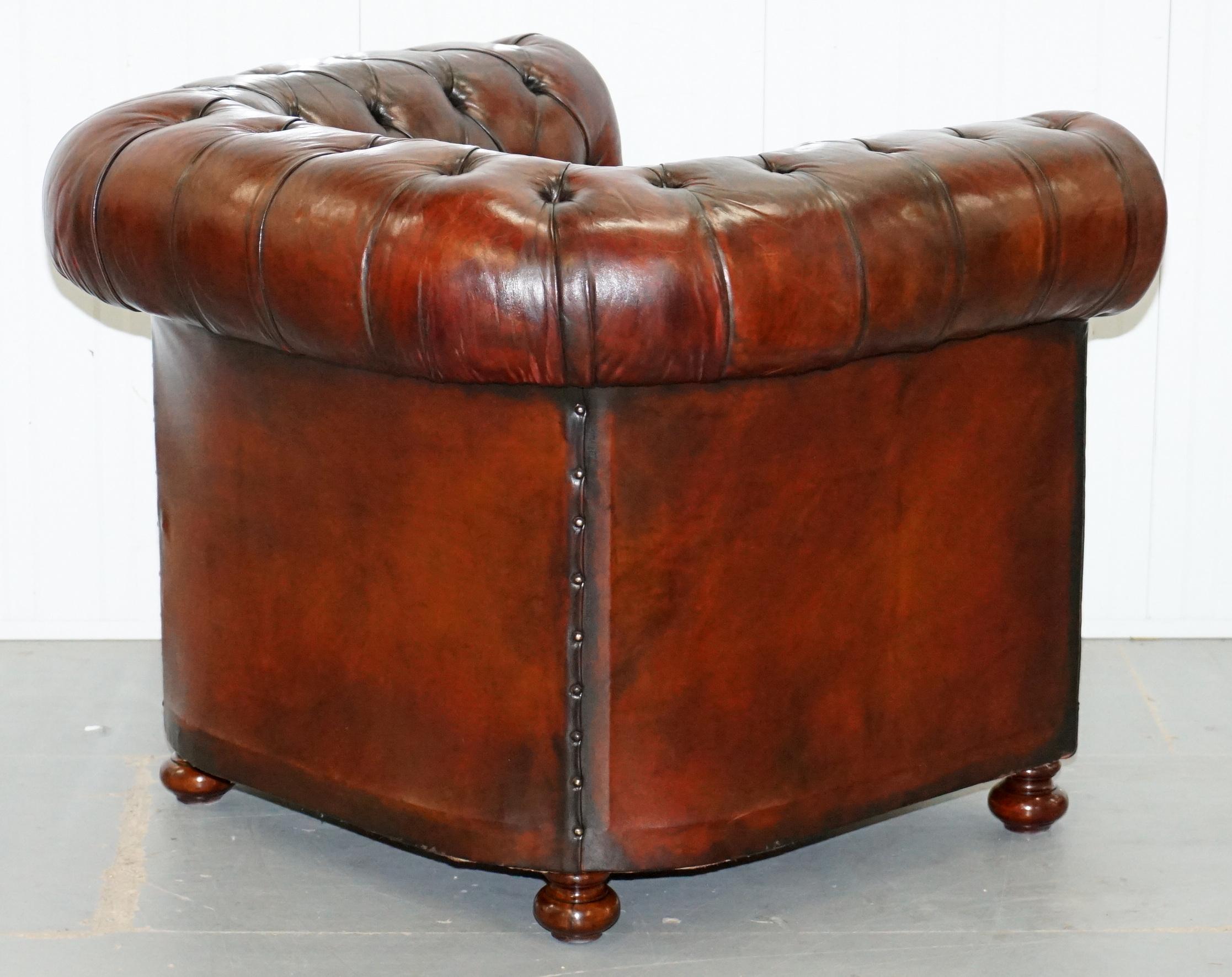 Pair of 1920s Chesterfield Hand Dyed Brown Leather Club Armchairs Walnut Feet 13