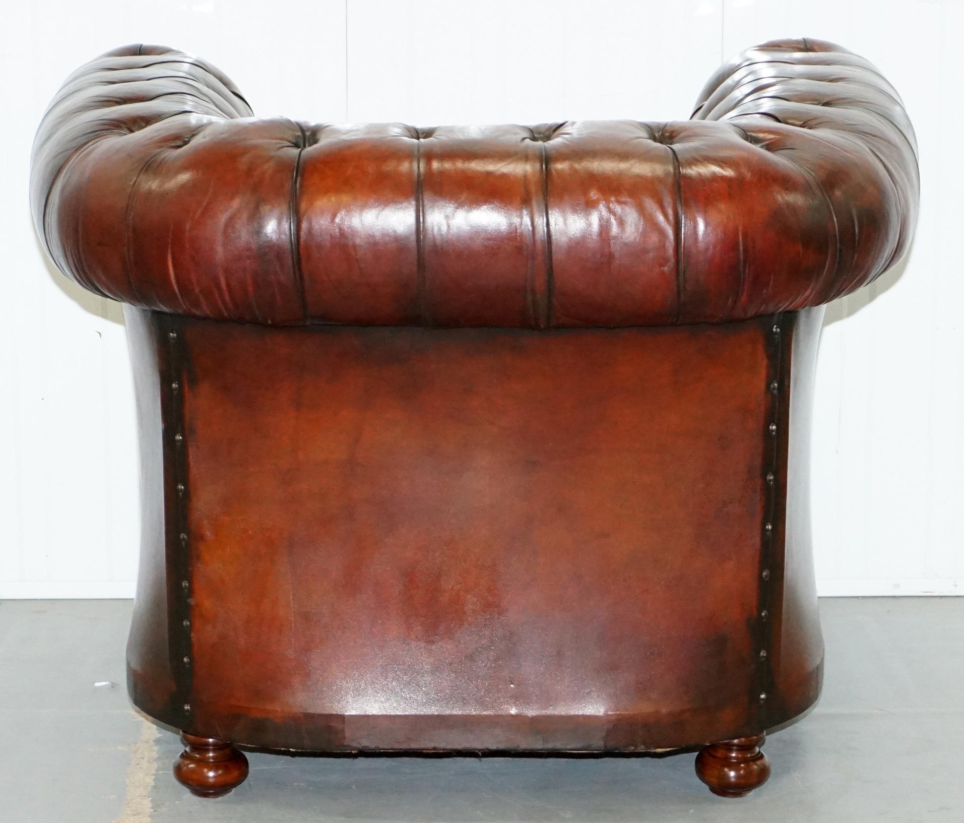 Pair of 1920s Chesterfield Hand Dyed Brown Leather Club Armchairs Walnut Feet 14