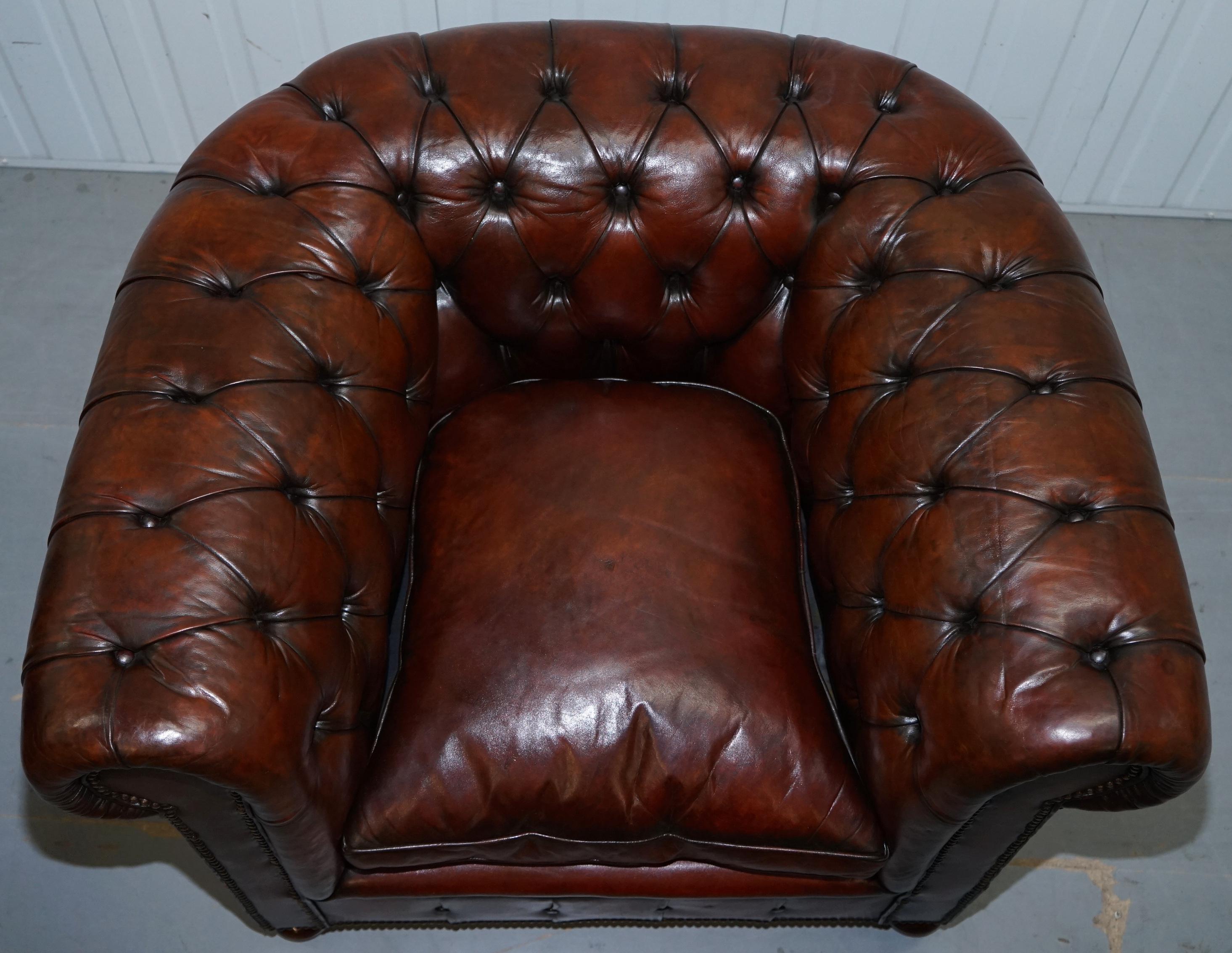 Hand-Crafted Pair of 1920s Chesterfield Hand Dyed Brown Leather Club Armchairs Walnut Feet