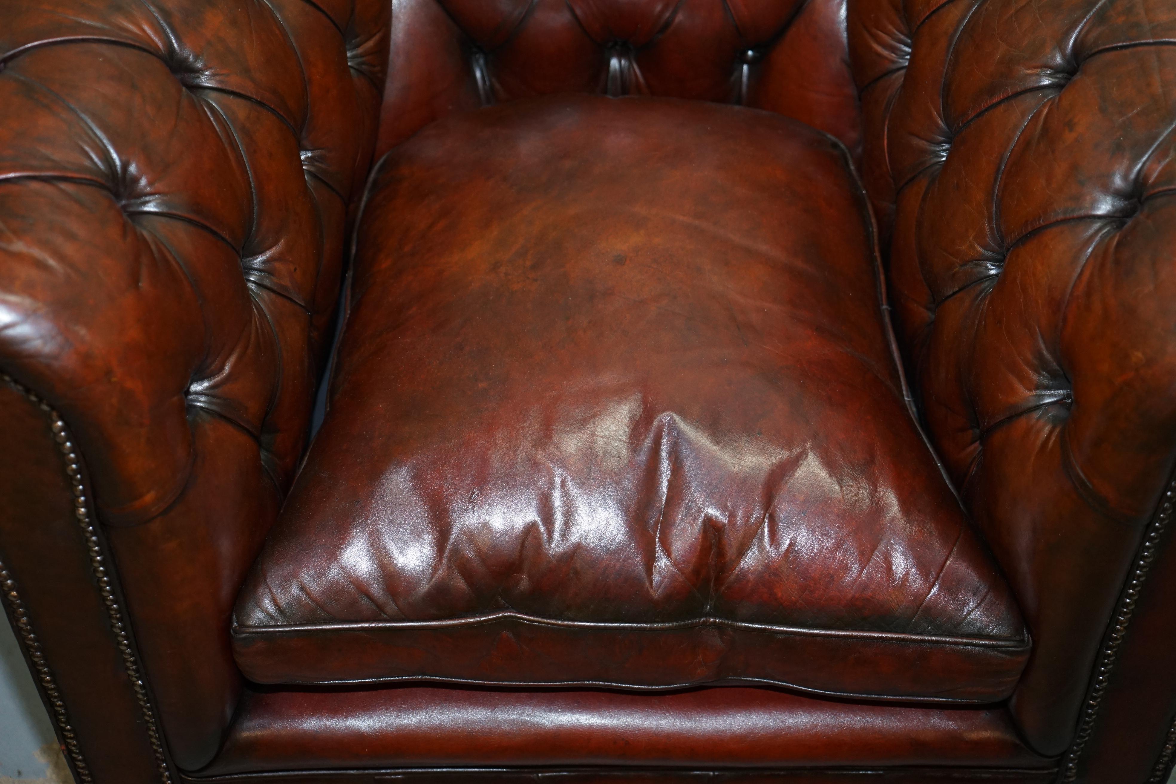 Pair of 1920s Chesterfield Hand Dyed Brown Leather Club Armchairs Walnut Feet 1