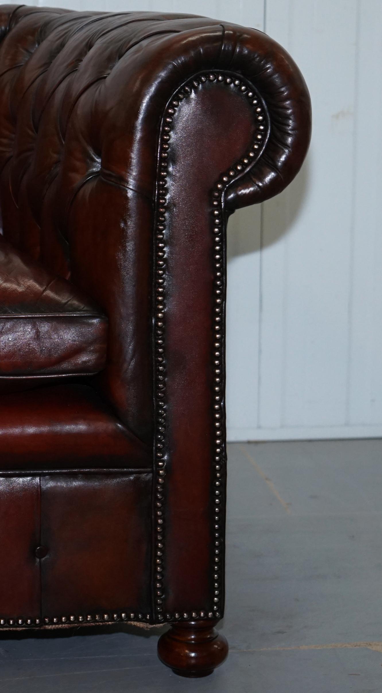 Pair of 1920s Chesterfield Hand Dyed Brown Leather Club Armchairs Walnut Feet 2