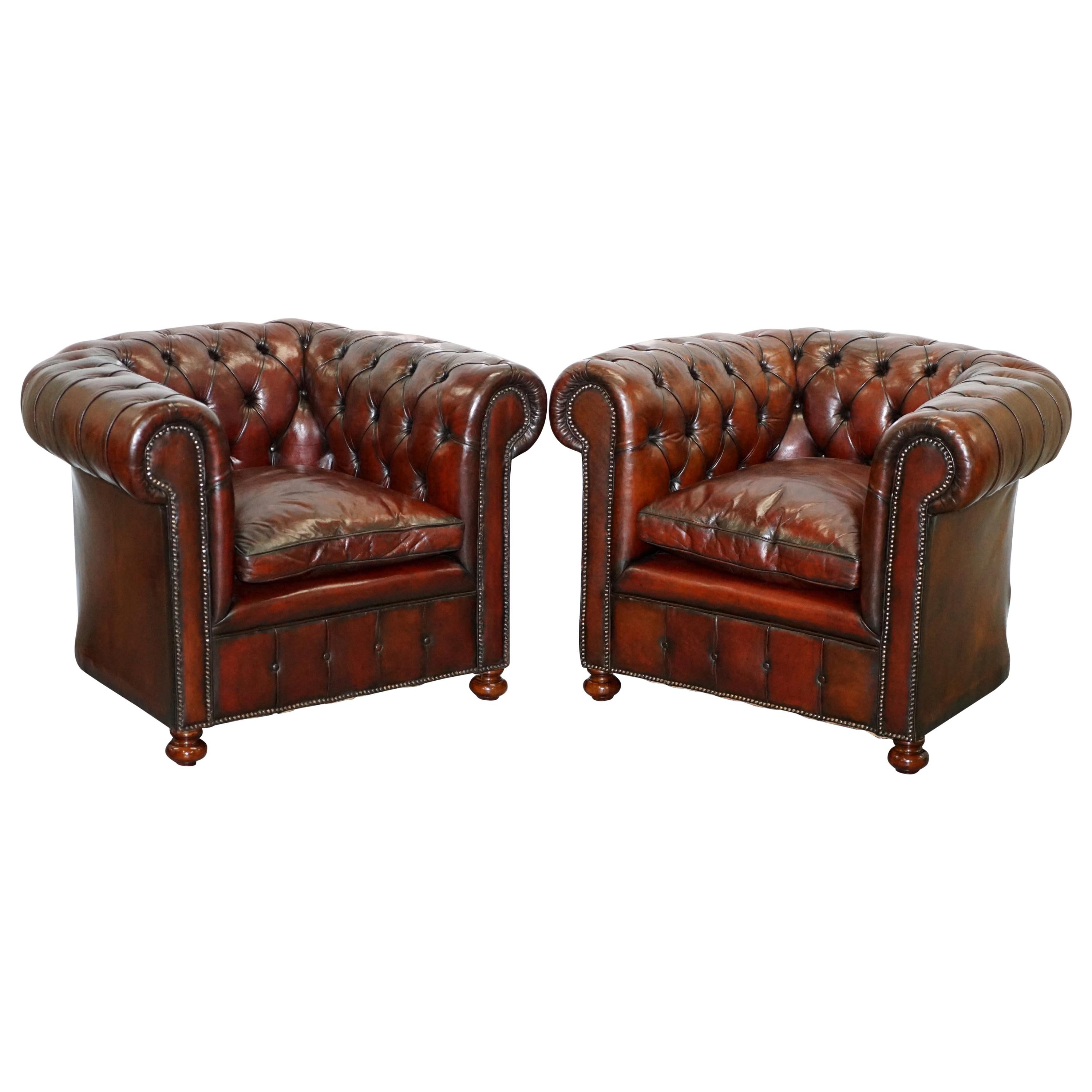 Pair of 1920s Chesterfield Hand Dyed Brown Leather Club Armchairs Walnut Feet