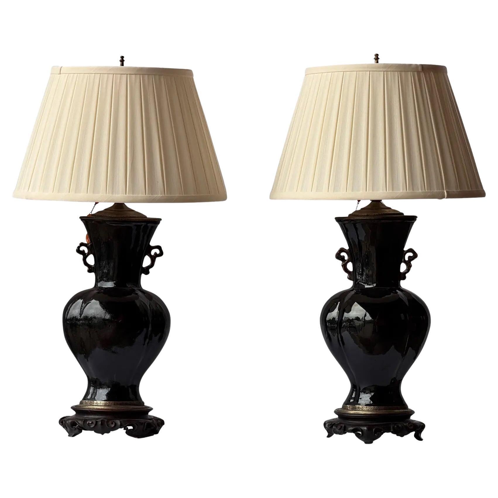 Pair of 1920s Chinese Vase Lamps With Carved Wood Bases