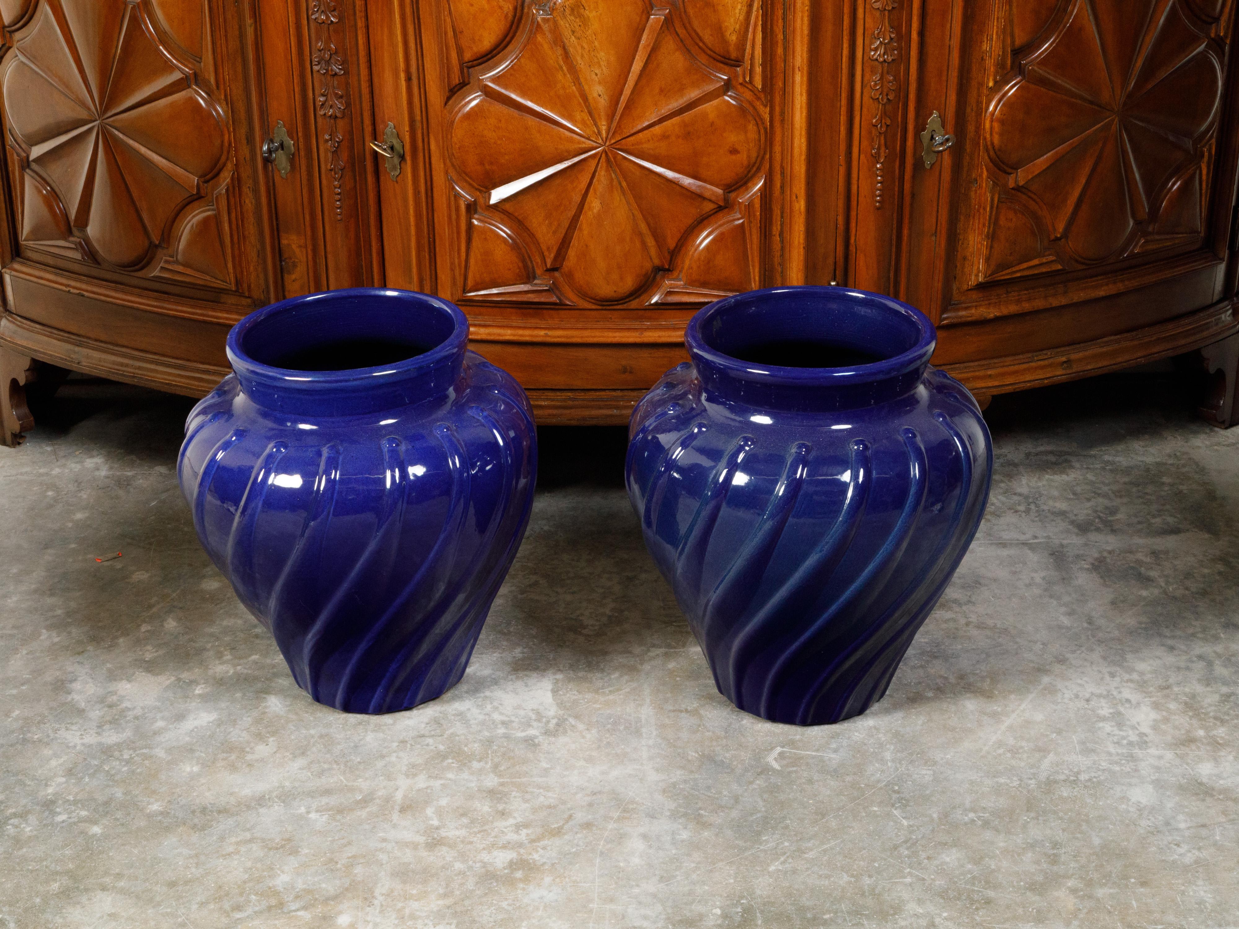 Pair of 1920s Cobalt Blue Pottery Planters with Wavy Patterns For Sale 1