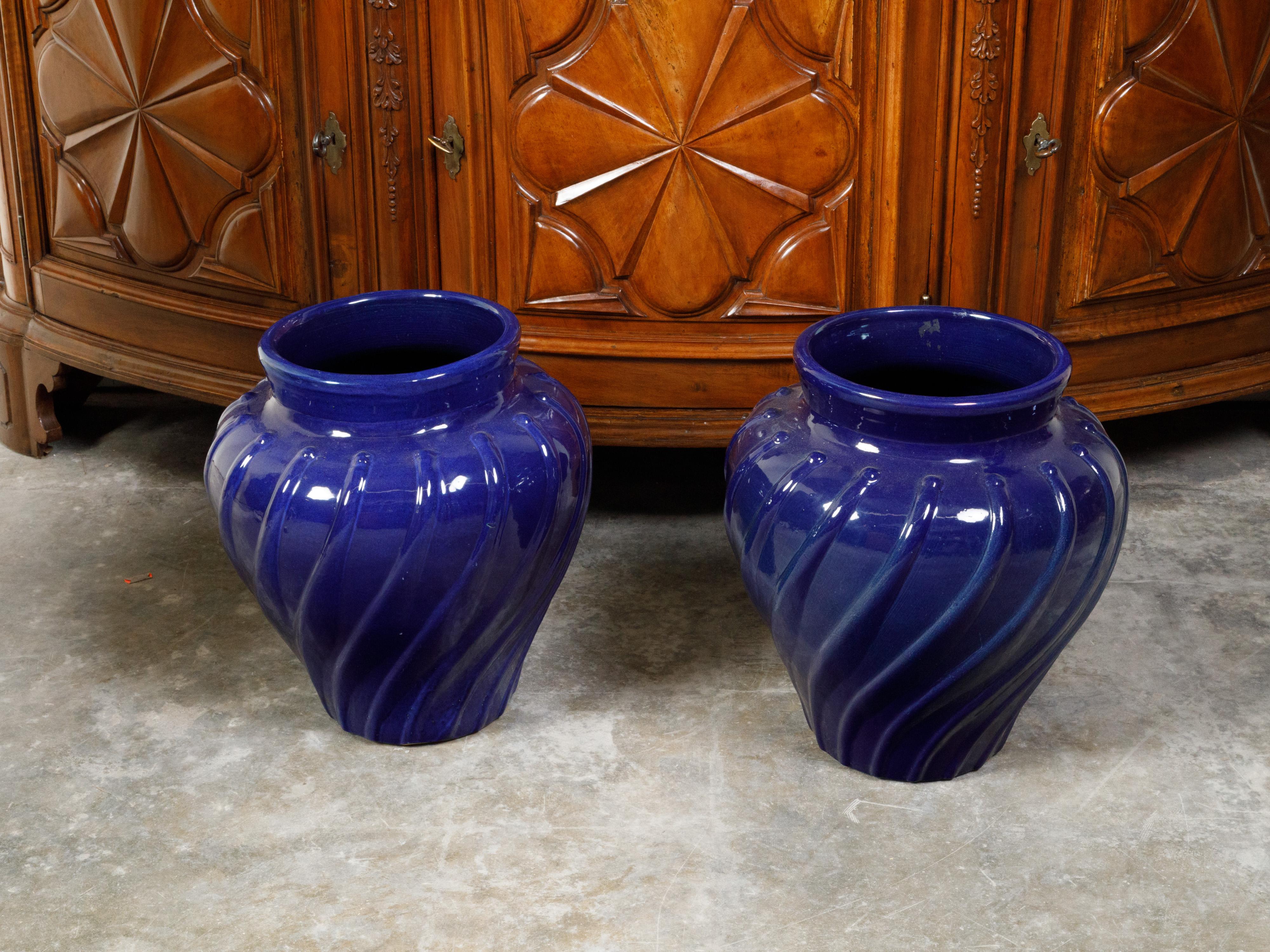 Pair of 1920s Cobalt Blue Pottery Planters with Wavy Patterns For Sale 2