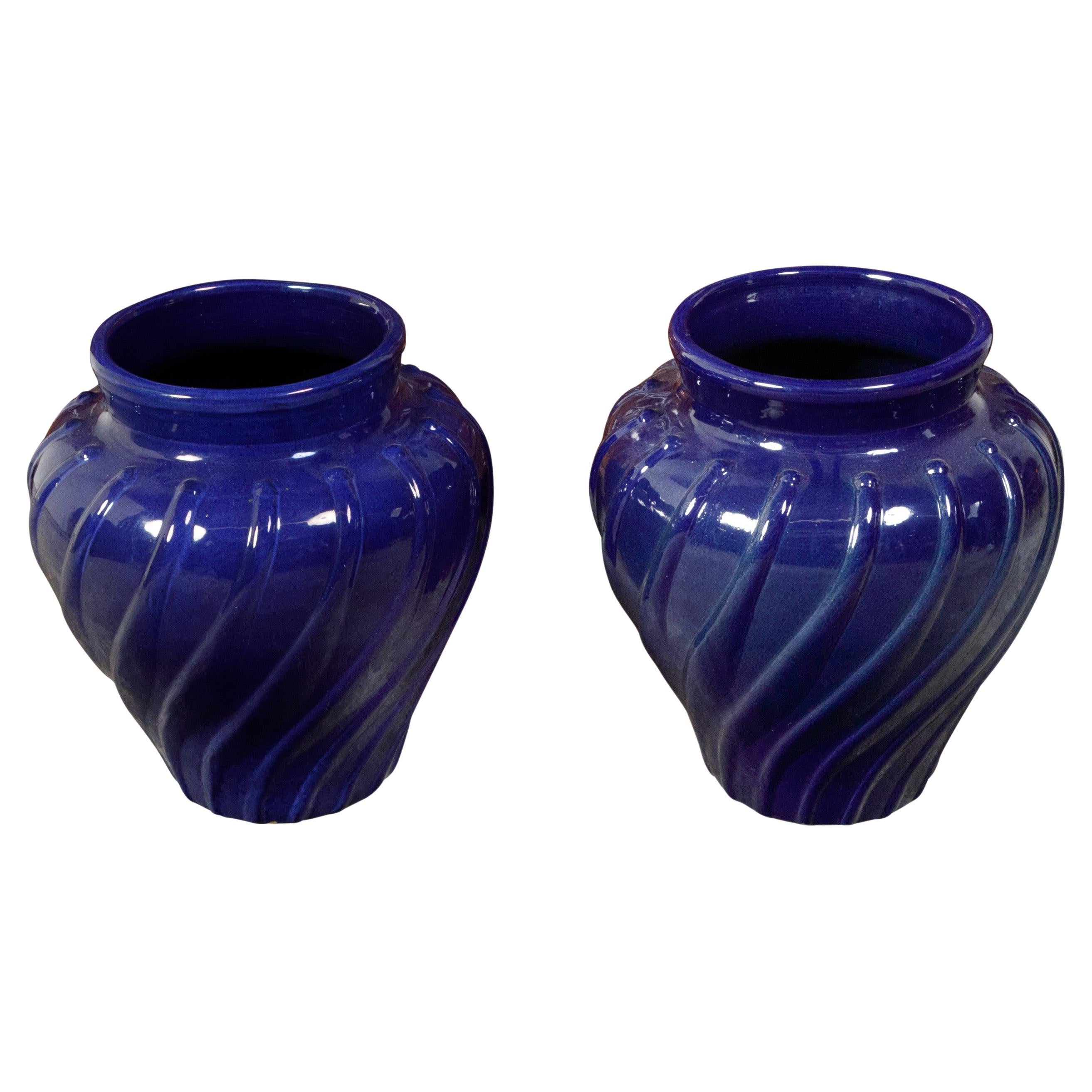 Pair of 1920s Cobalt Blue Pottery Planters with Wavy Patterns