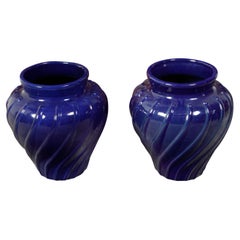 Pair of 1920s Cobalt Blue Pottery Planters with Wavy Patterns