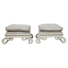 Pair of 1920s Continental Upholstered Ottomans with Carved S-Scroll Bases