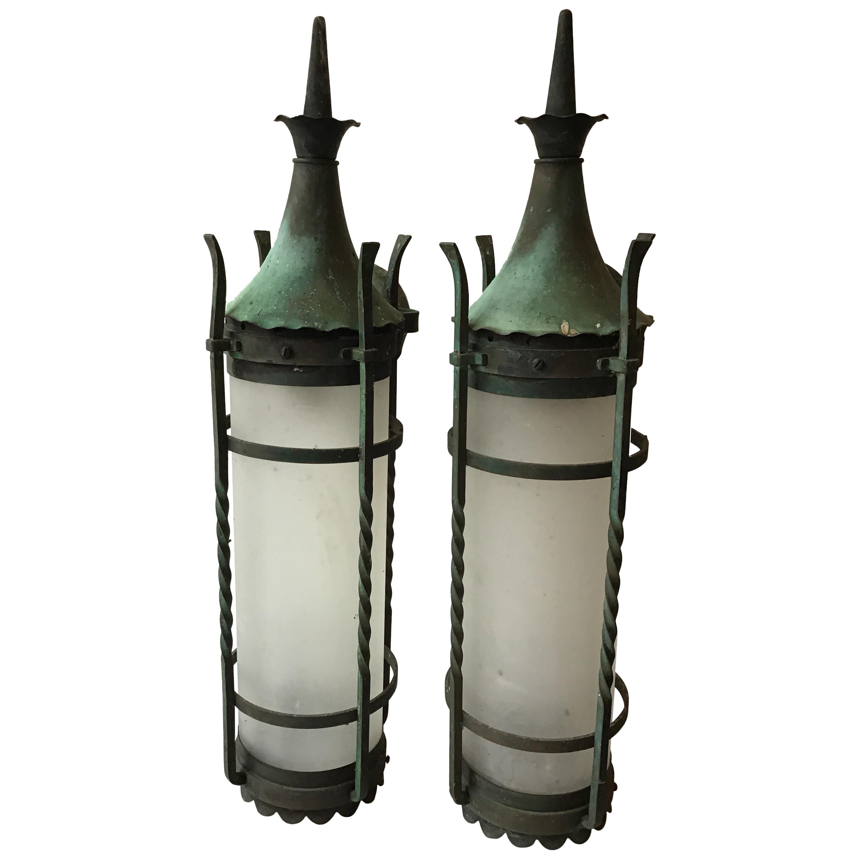 Pair of 1920s Copper and Glass Outdoor Sconces