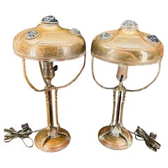Antique Pair of 1920's Copper Art Deco Table Bedside Lamps
