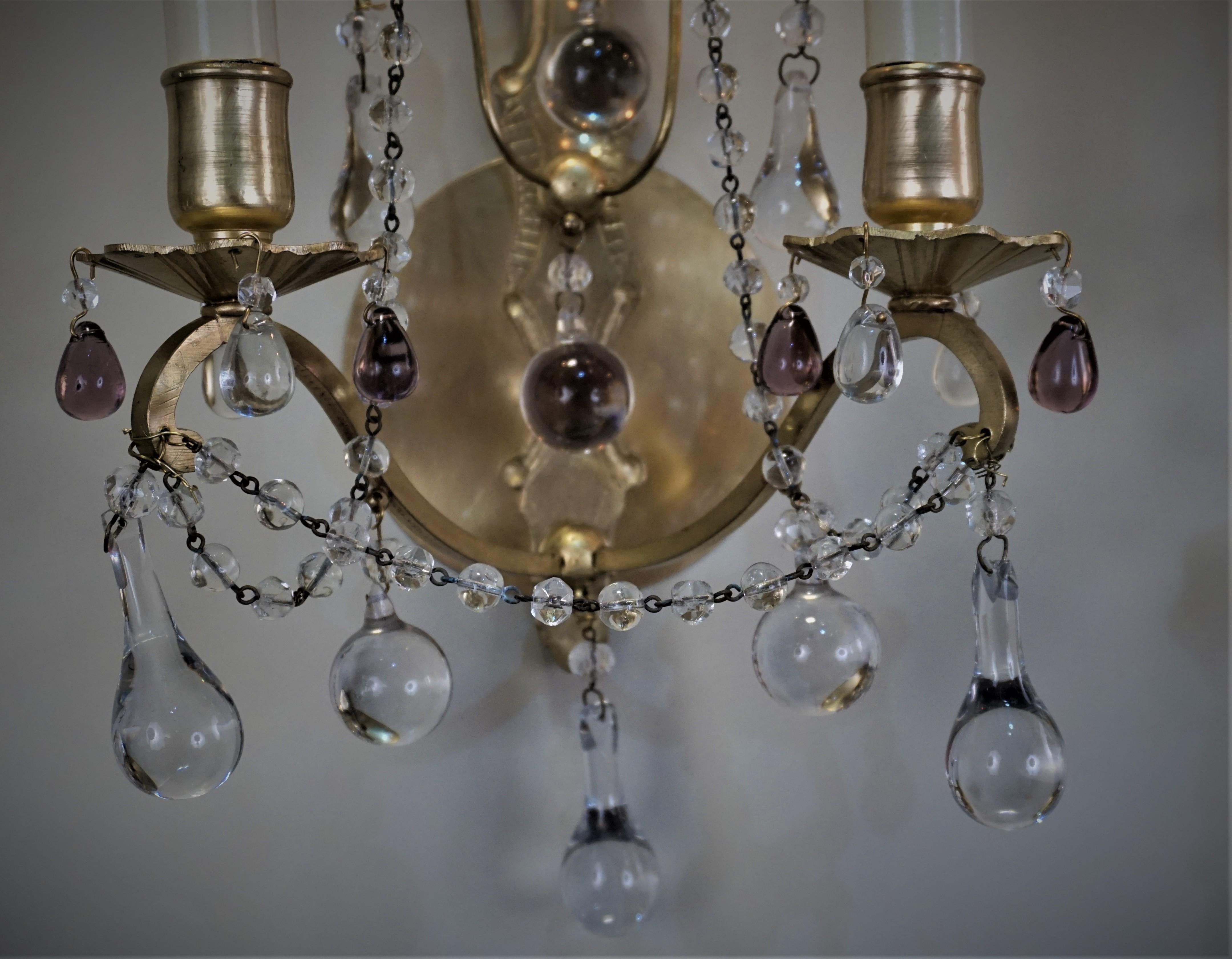French Pair of 1920s Crystal and Bronze Wall Sconces