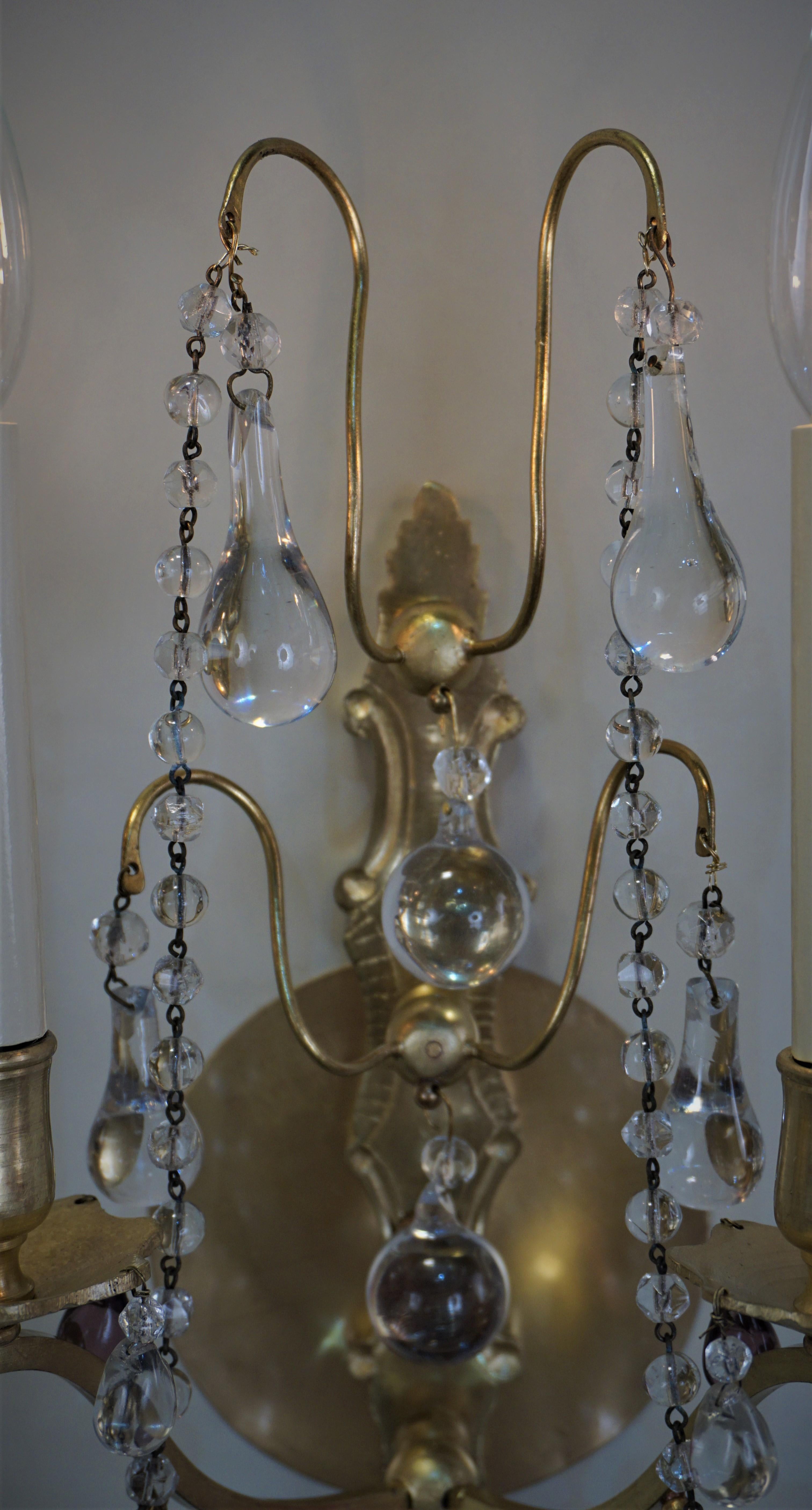 Pair of 1920s Crystal and Bronze Wall Sconces In Good Condition In Fairfax, VA