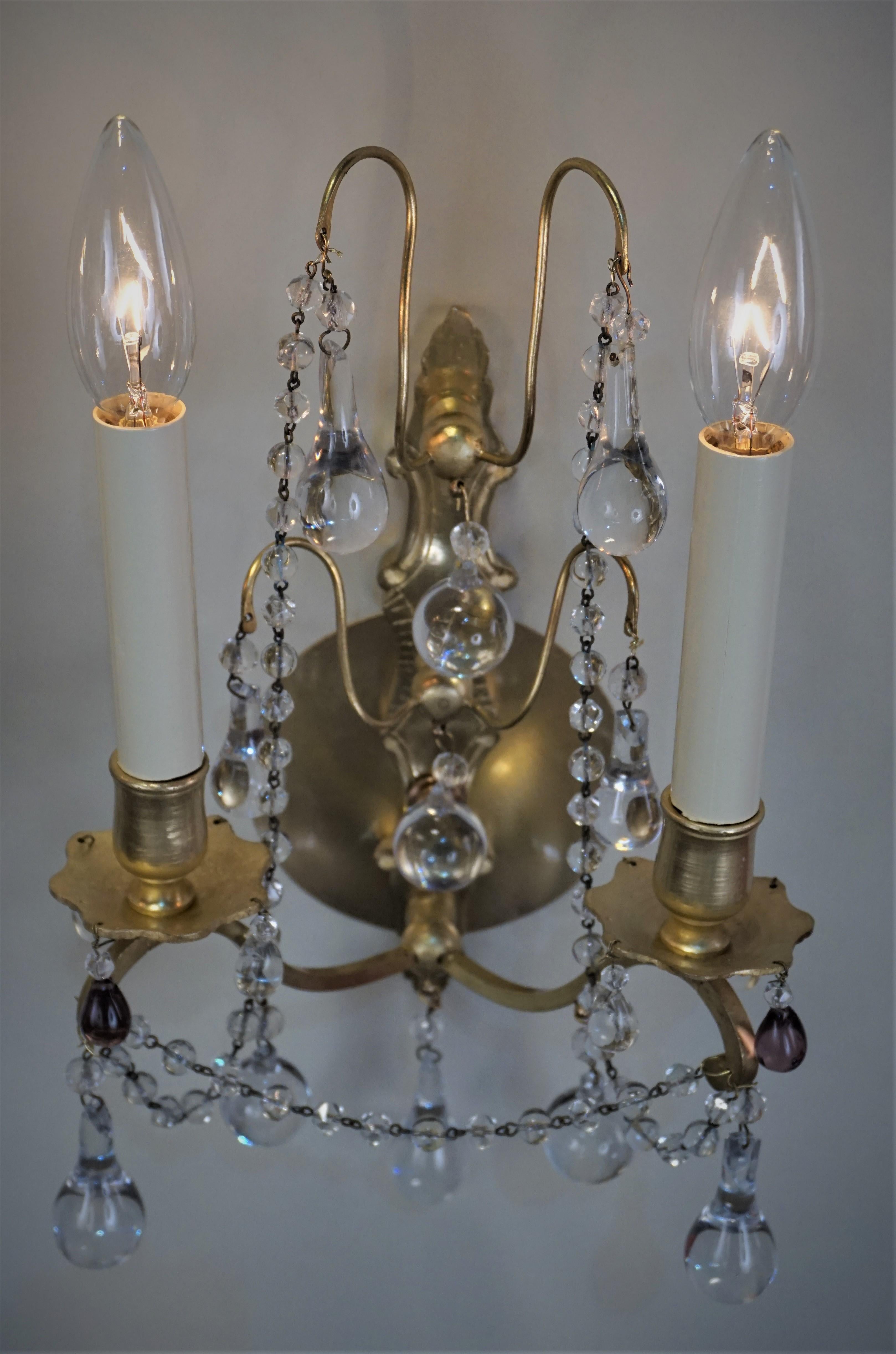 Mid-20th Century Pair of 1920s Crystal and Bronze Wall Sconces
