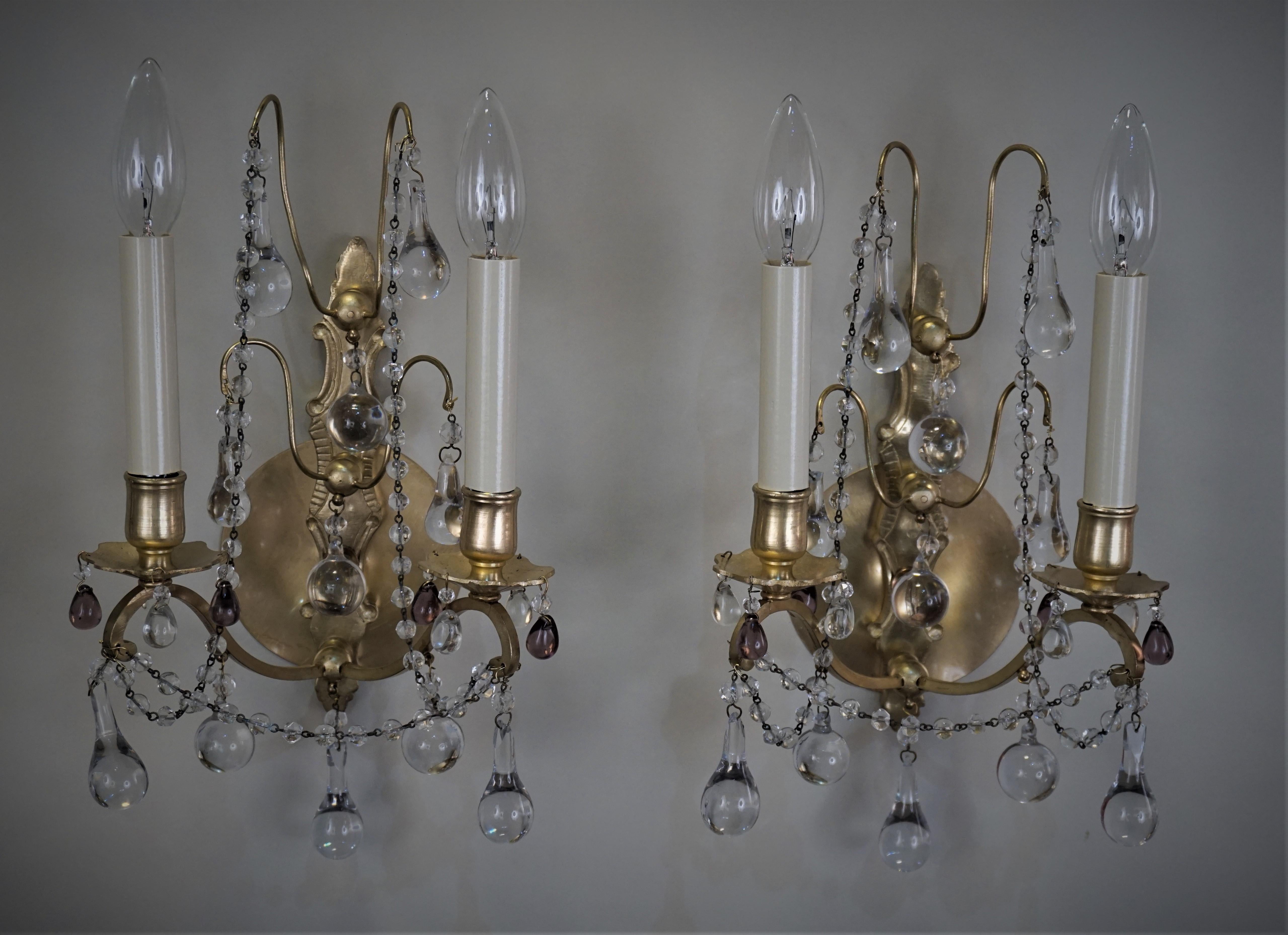 Pair of 1920s Crystal and Bronze Wall Sconces 1
