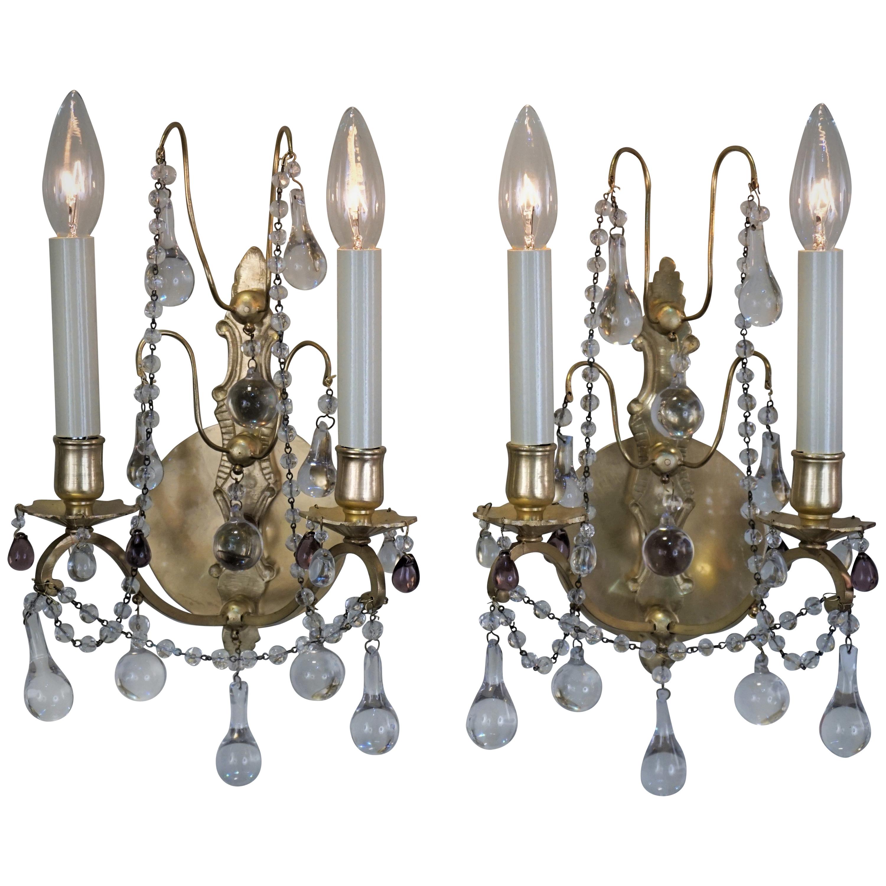 Pair of 1920s Crystal and Bronze Wall Sconces