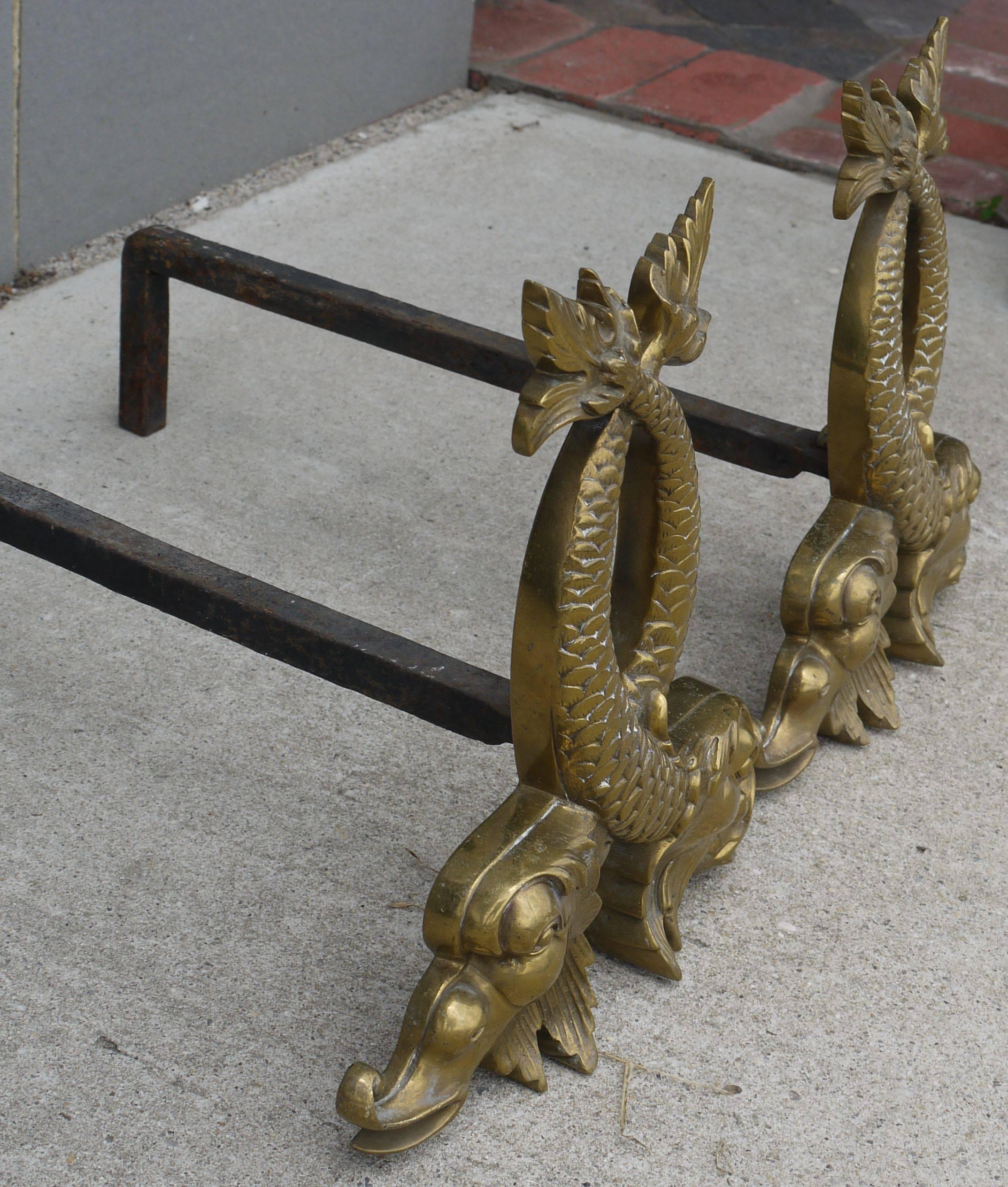 Pair of 1920s Dolphin Andirons In Excellent Condition In Kilmarnock, VA