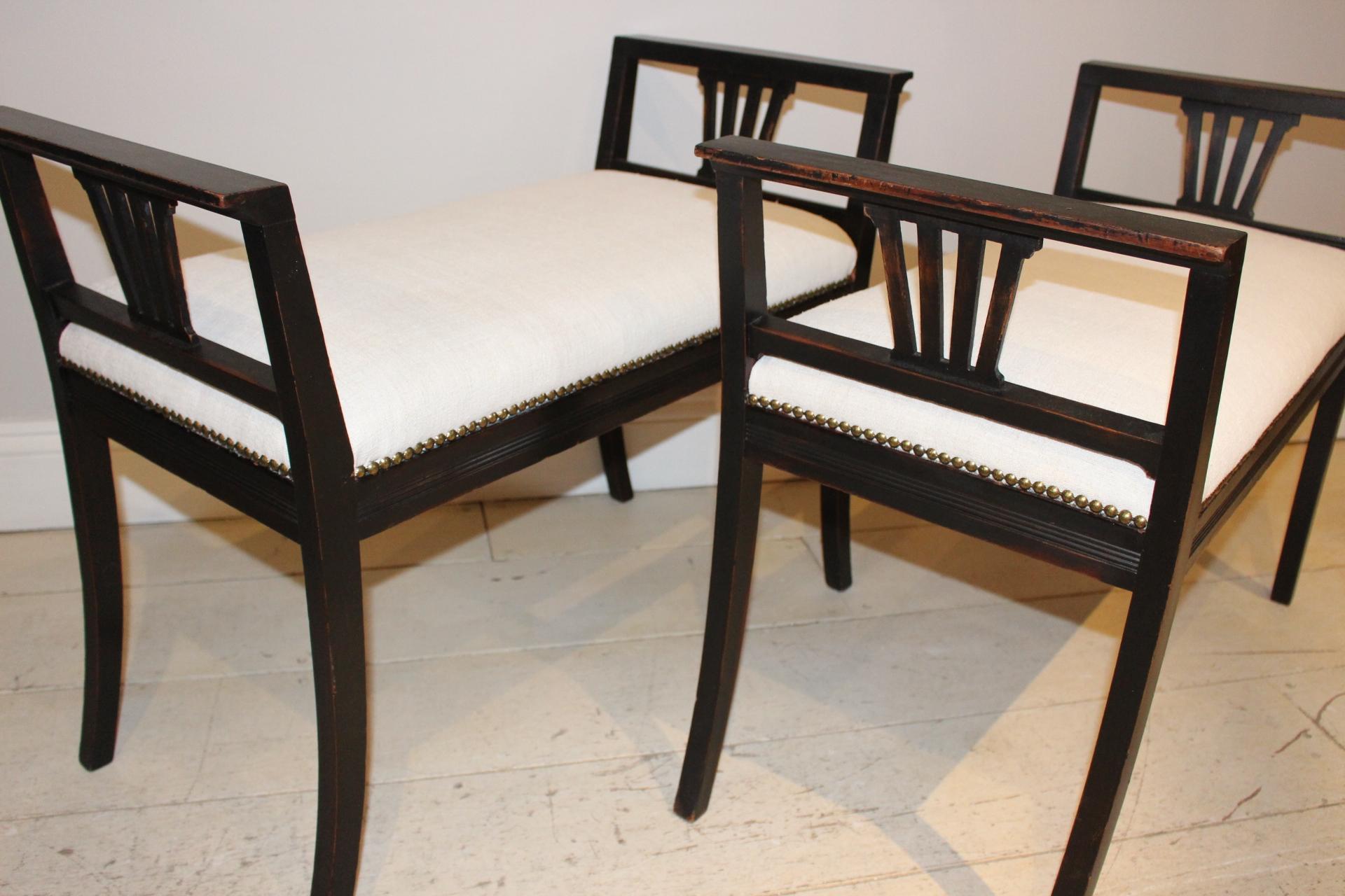 Art Deco Pair of 1920s Ebonized Swedish High Sided Armed Stools seats in French Linen