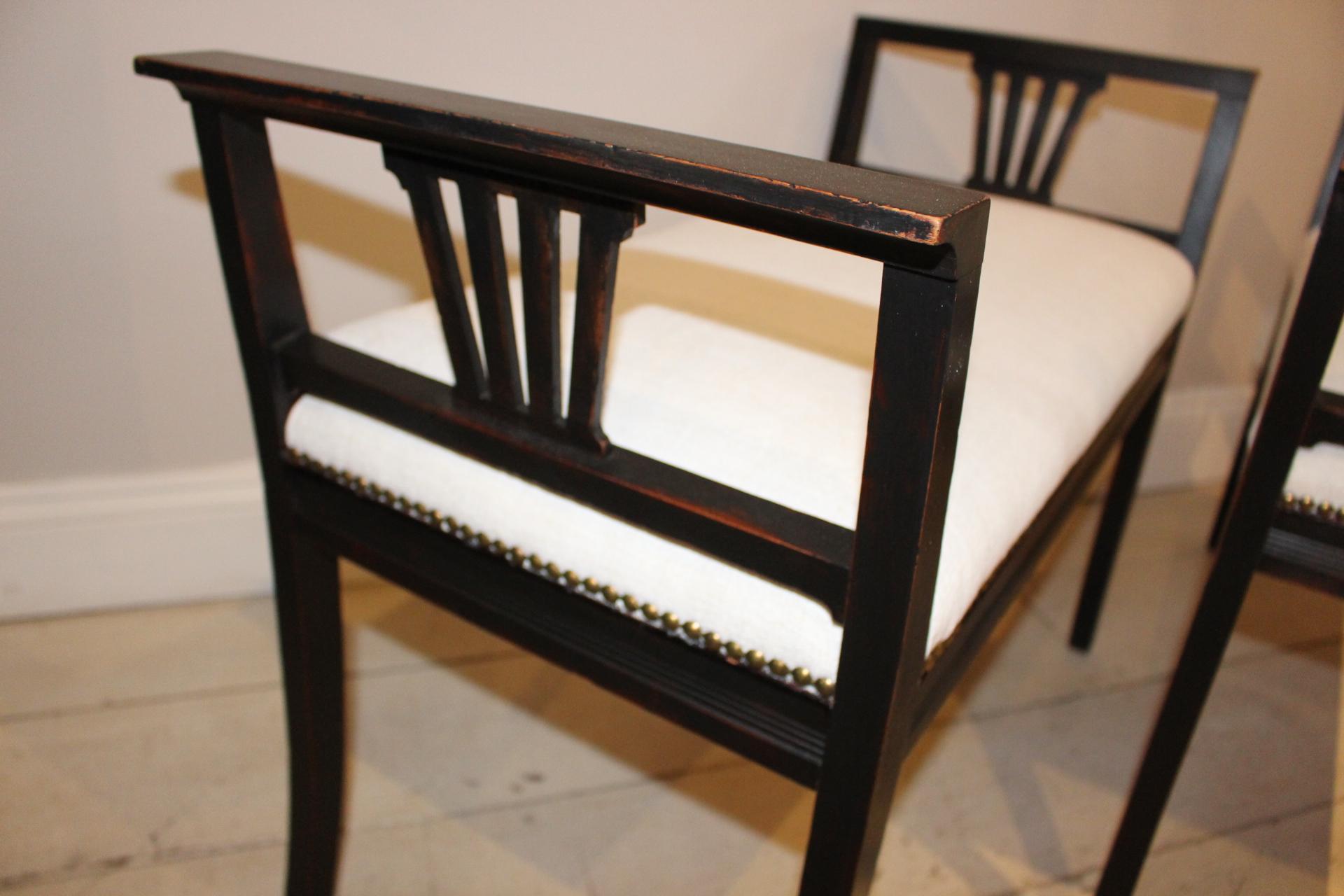 Pair of 1920s Ebonized Swedish High Sided Armed Stools seats in French Linen In Good Condition In London, GB