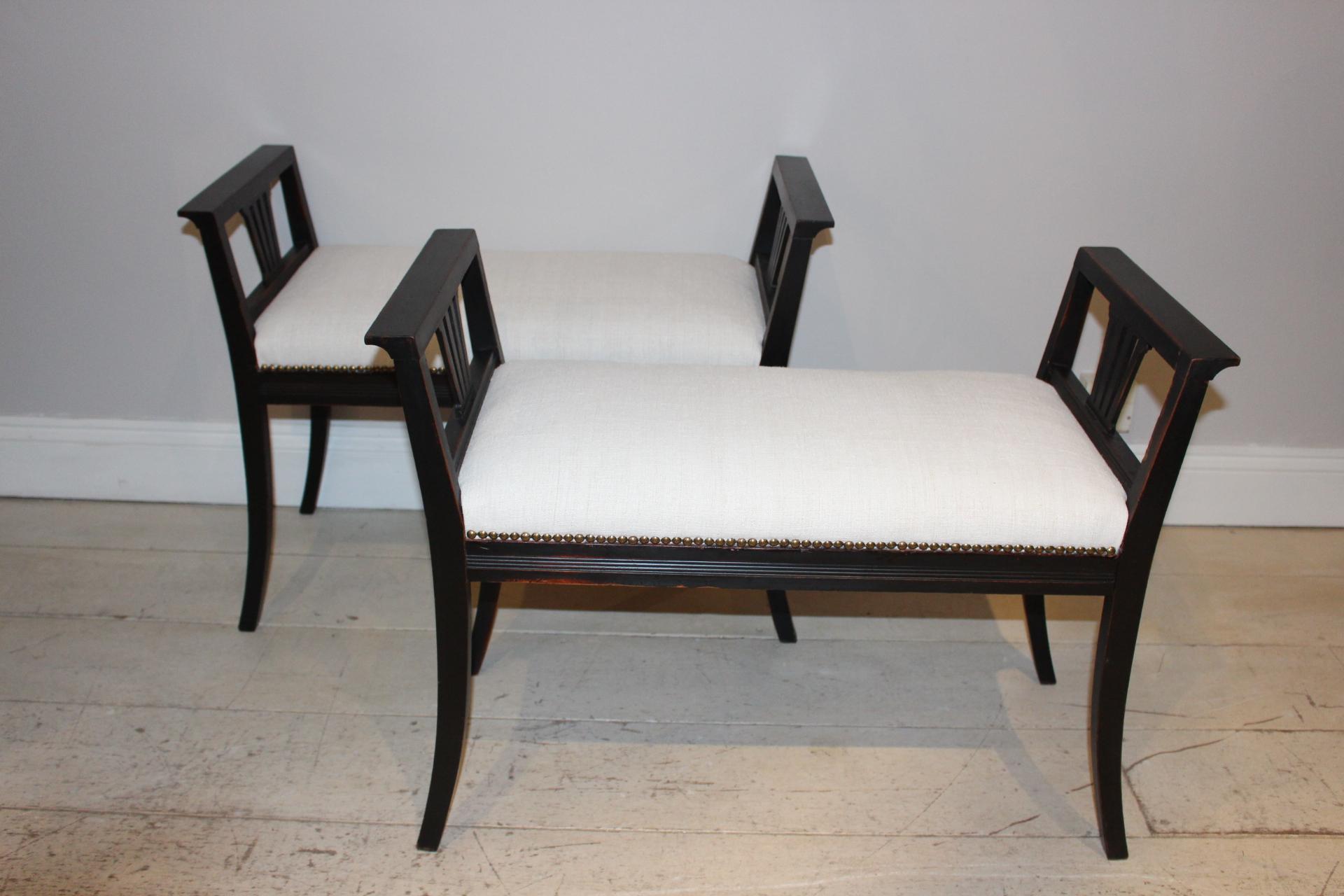 Early 20th Century Pair of 1920s Ebonized Swedish High Sided Armed Stools seats in French Linen