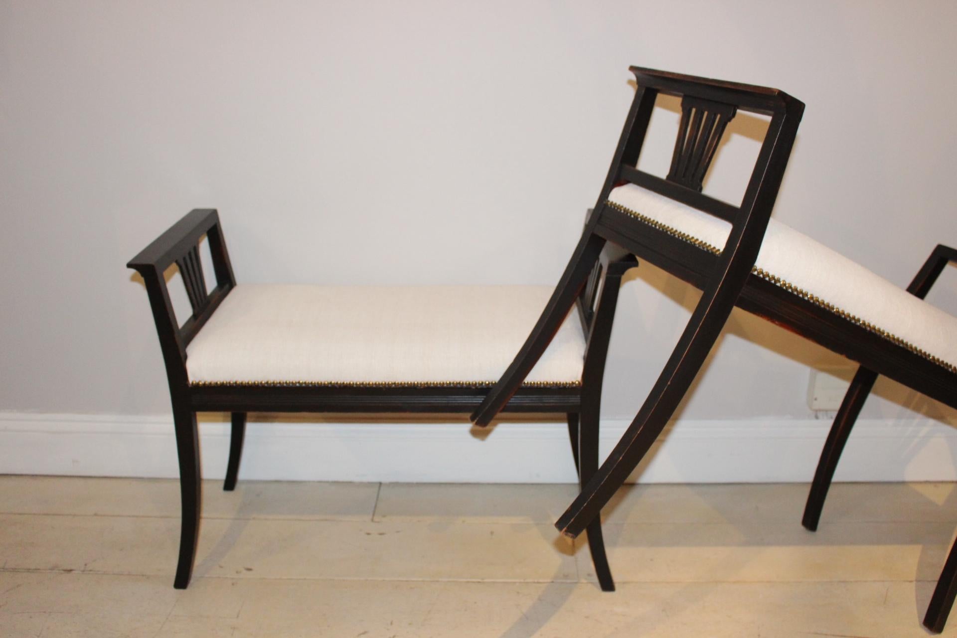 Wood Pair of 1920s Ebonized Swedish High Sided Armed Stools seats in French Linen
