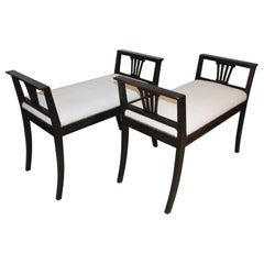 Antique Pair of 1920s Ebonized Swedish High Sided Armed Stools seats in French Linen