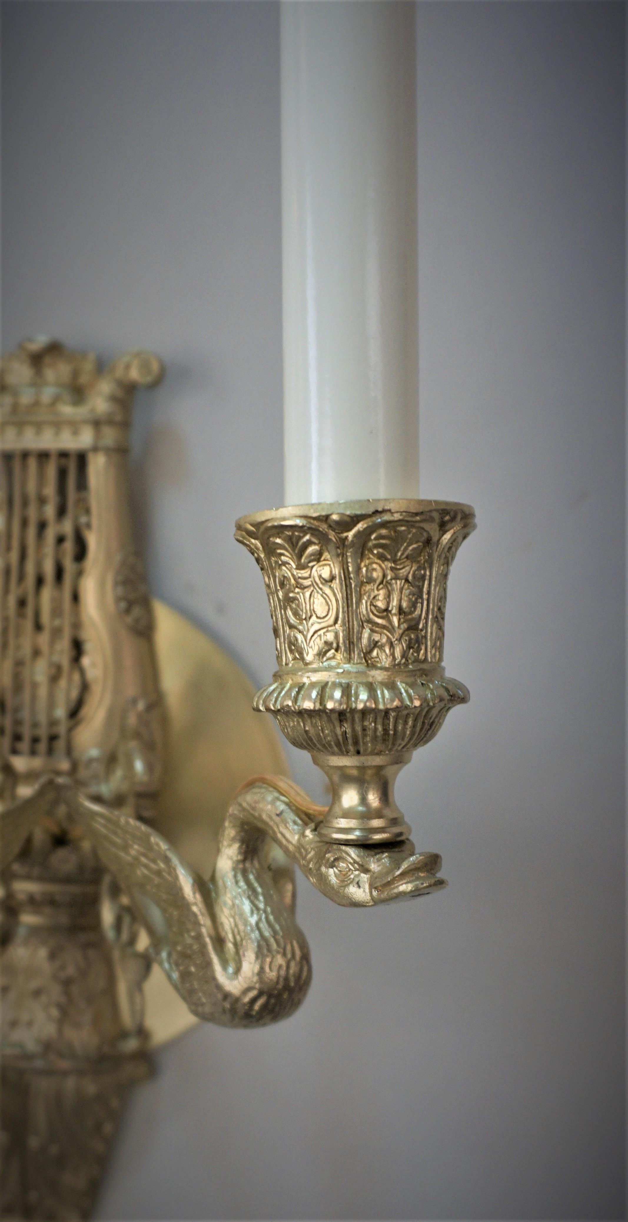 French Pair of 1920's Empire Style Bronze Swan Arms Wall Sconces For Sale