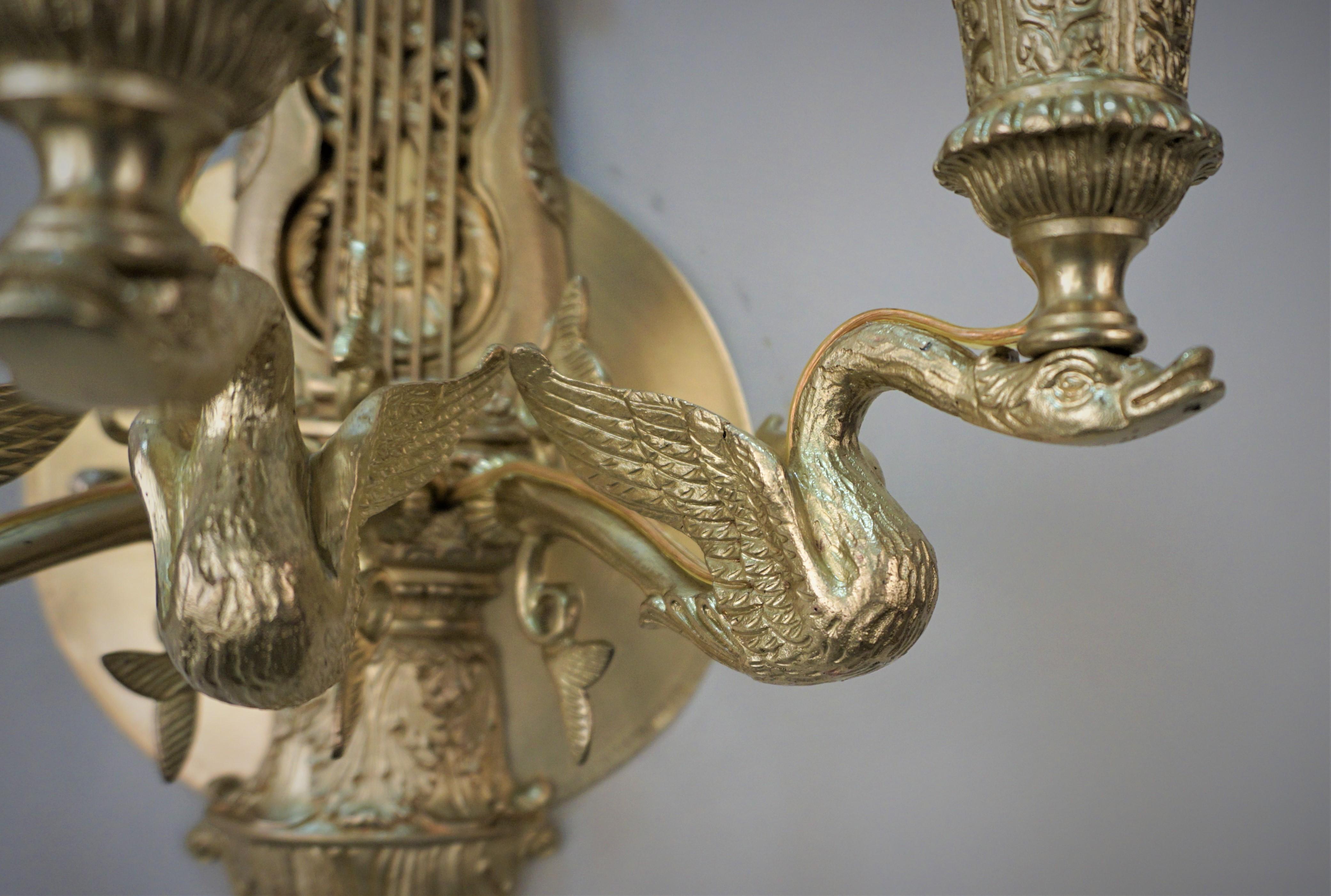 Pair of 1920's Empire Style Bronze Swan Arms Wall Sconces In Good Condition For Sale In Fairfax, VA