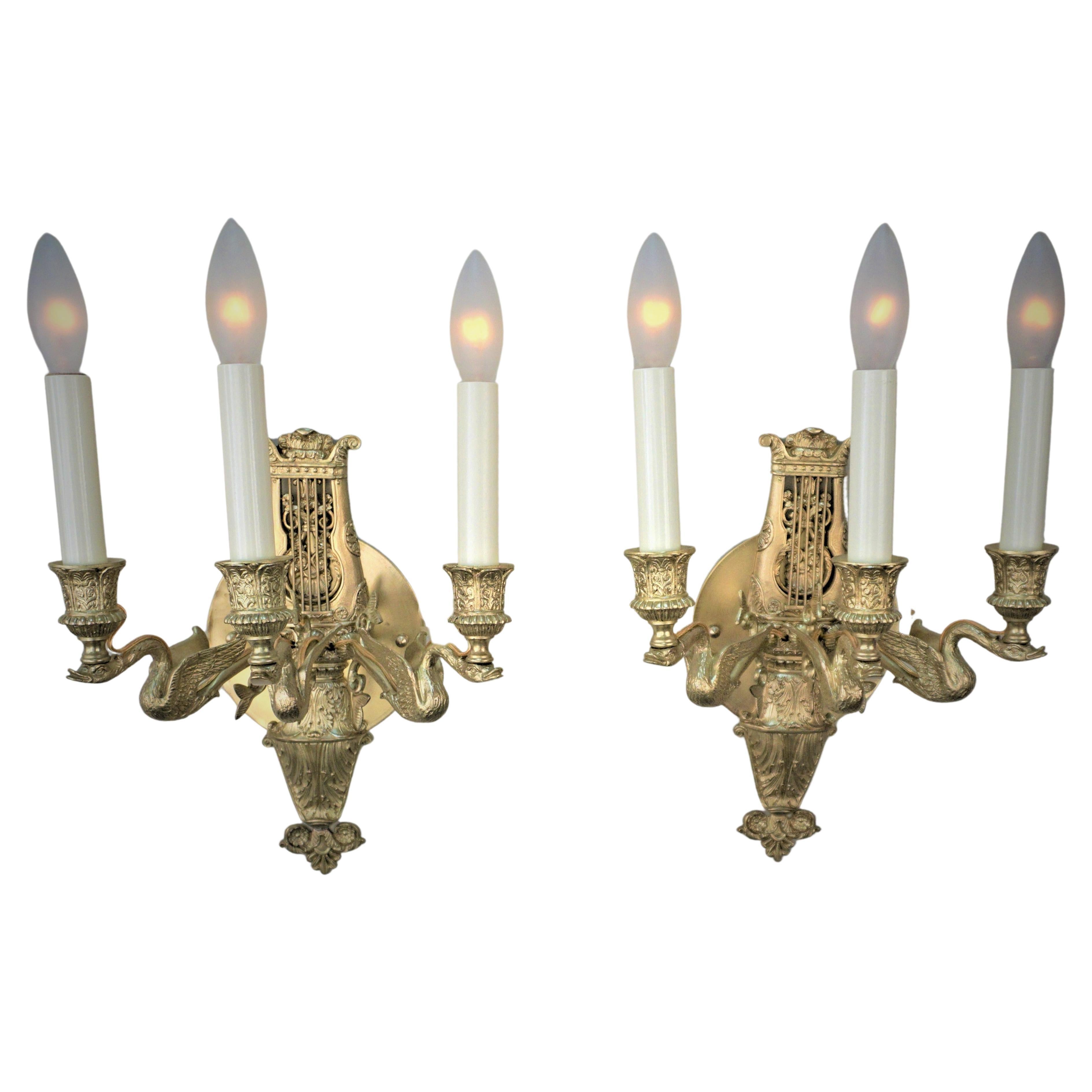 Pair of 1920's Empire Style Bronze Swan Arms Wall Sconces For Sale
