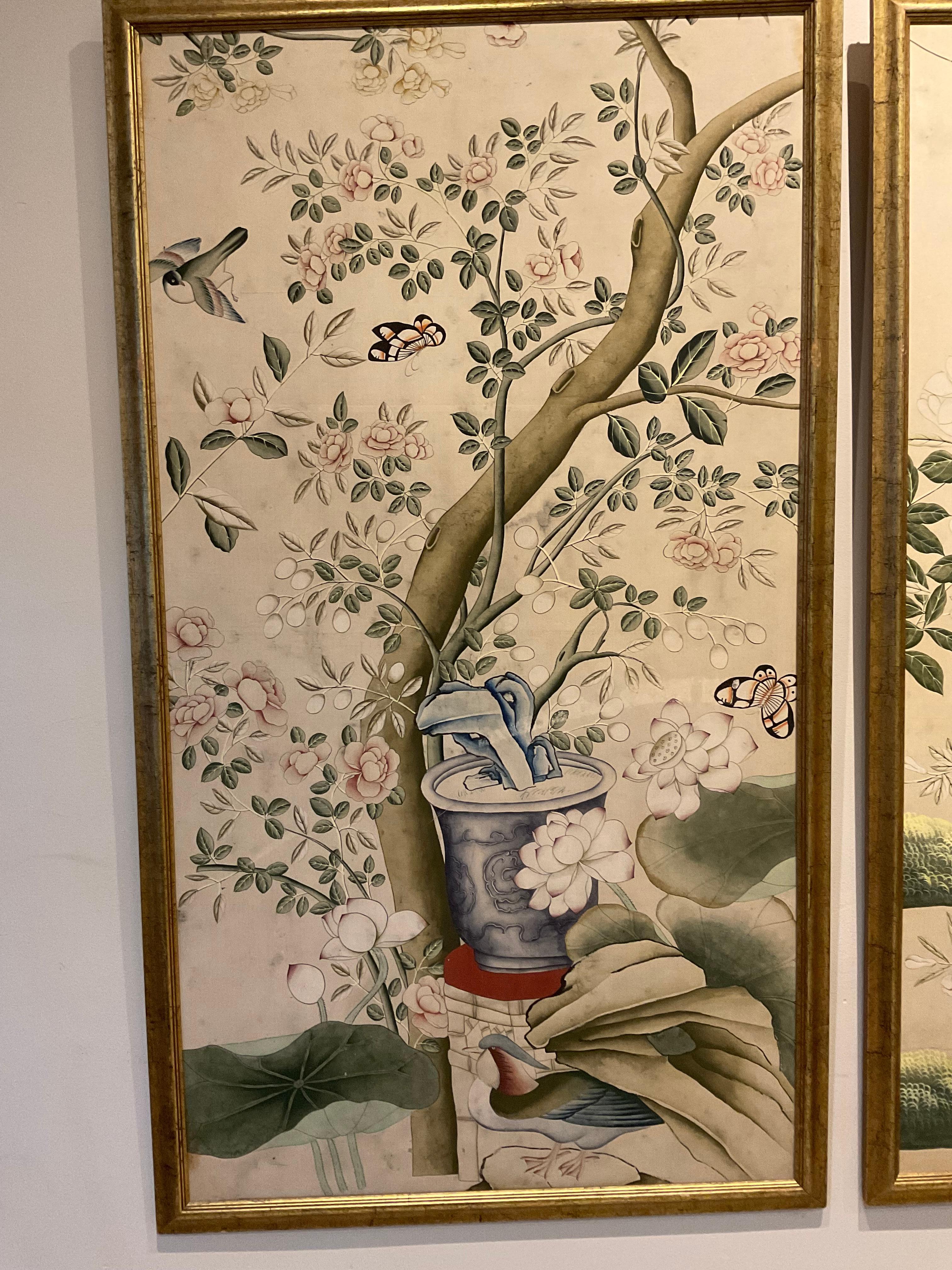 Pair of 1920s English Chinoiserie Panels Painted on Paper in a Decorative Frame 5