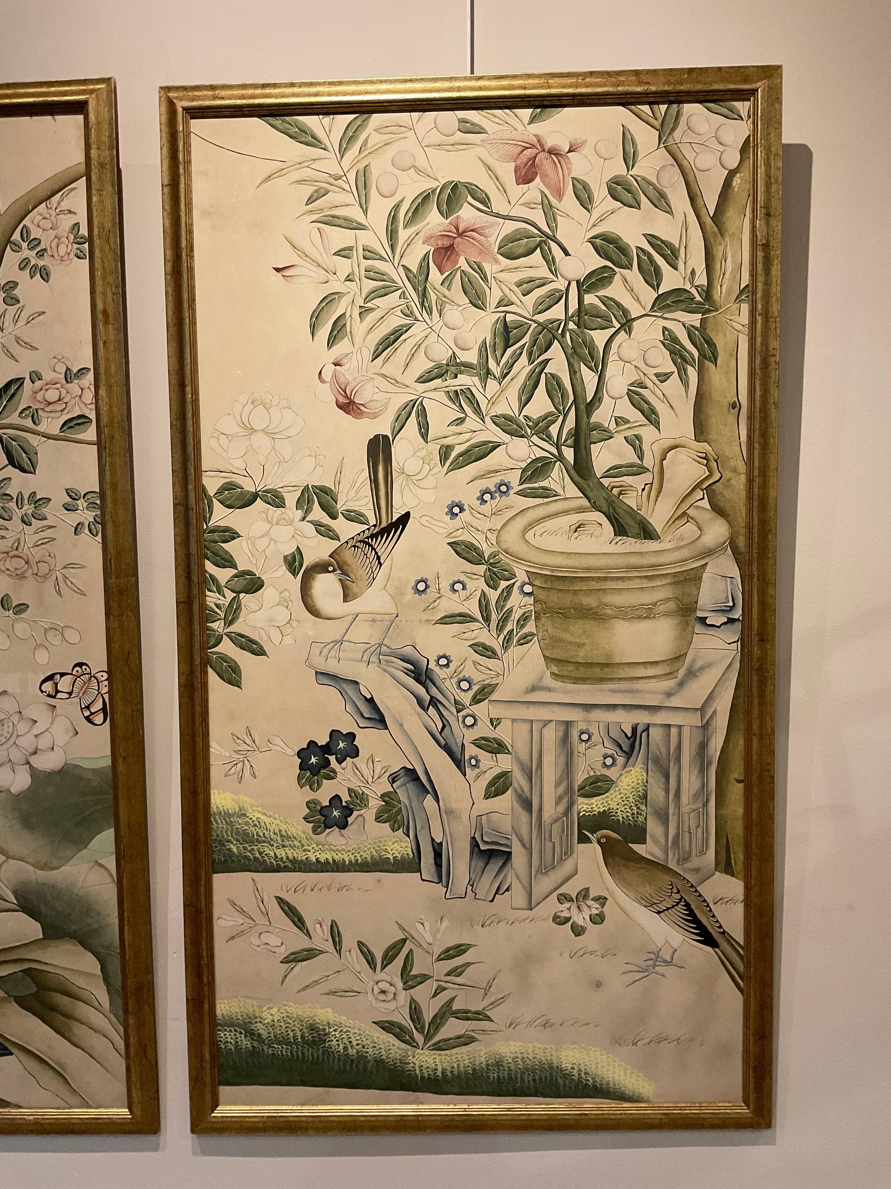 Pair of 1920s English Chinoiserie Panels Painted on Paper in a Decorative Frame 6