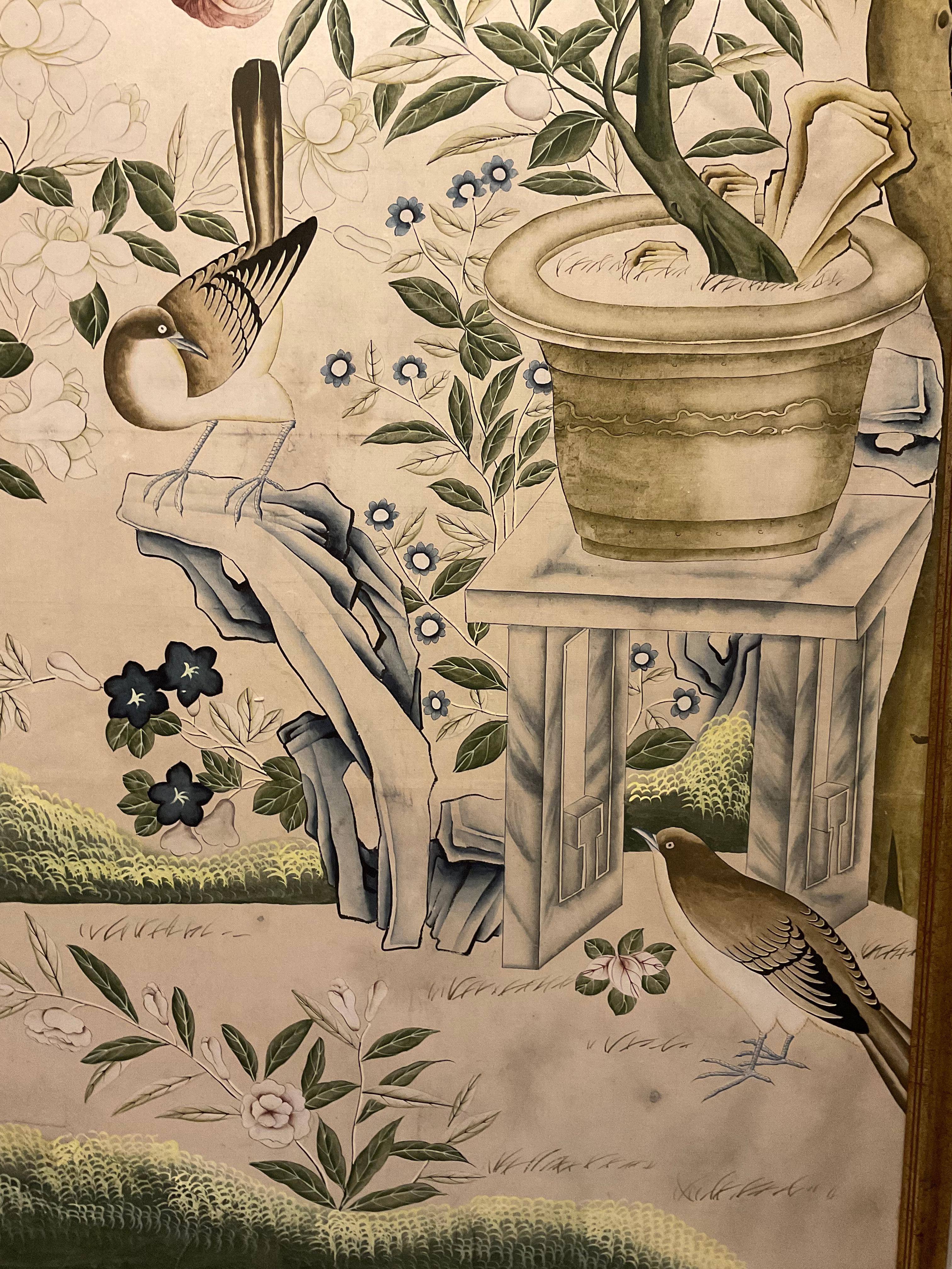 Pair of 1920s English Chinoiserie Panels Painted on Paper in a Decorative Frame 7
