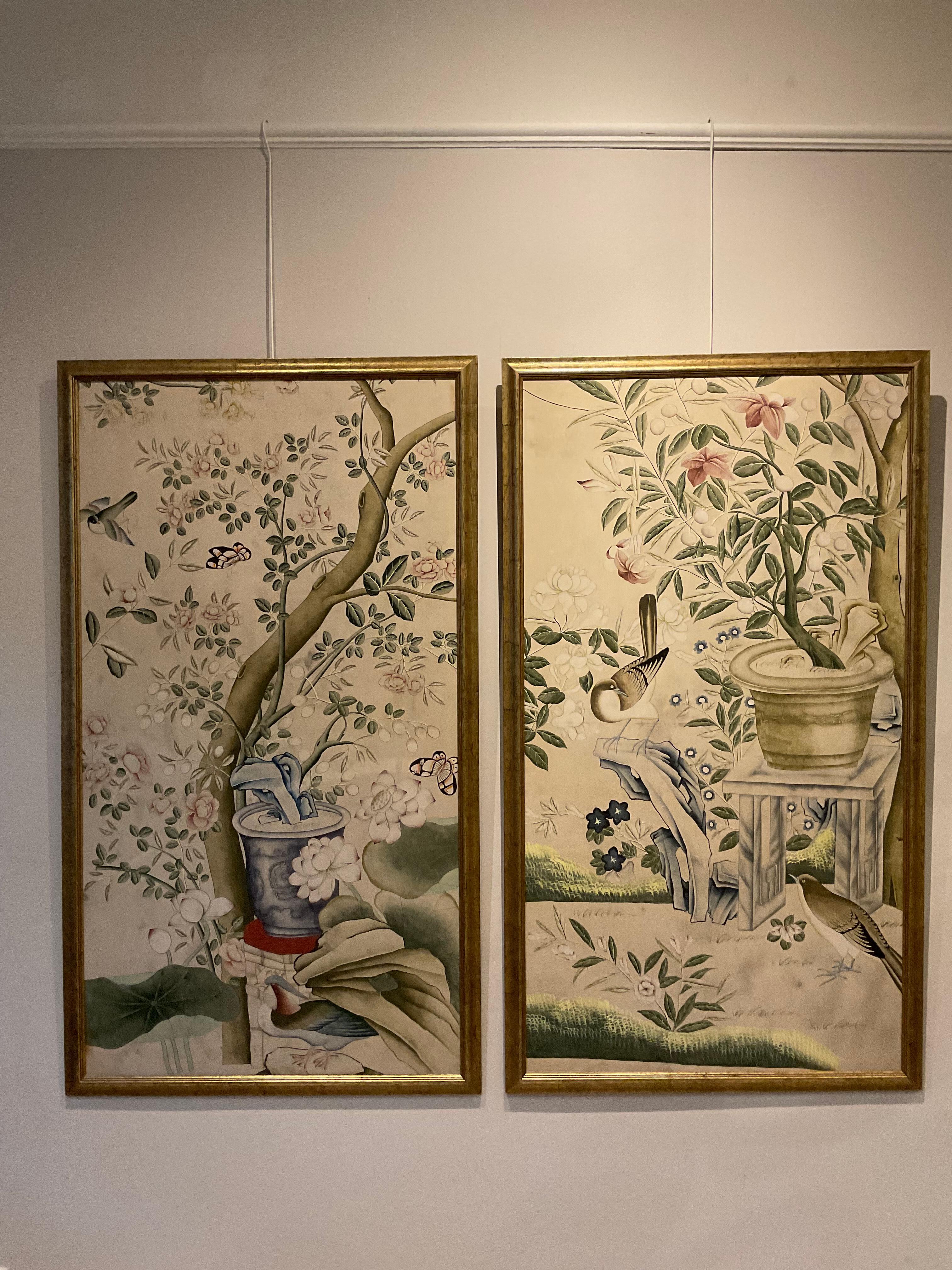 Pair of 1920s English Chinoiserie Panels Painted on Paper in a Decorative Frame 8