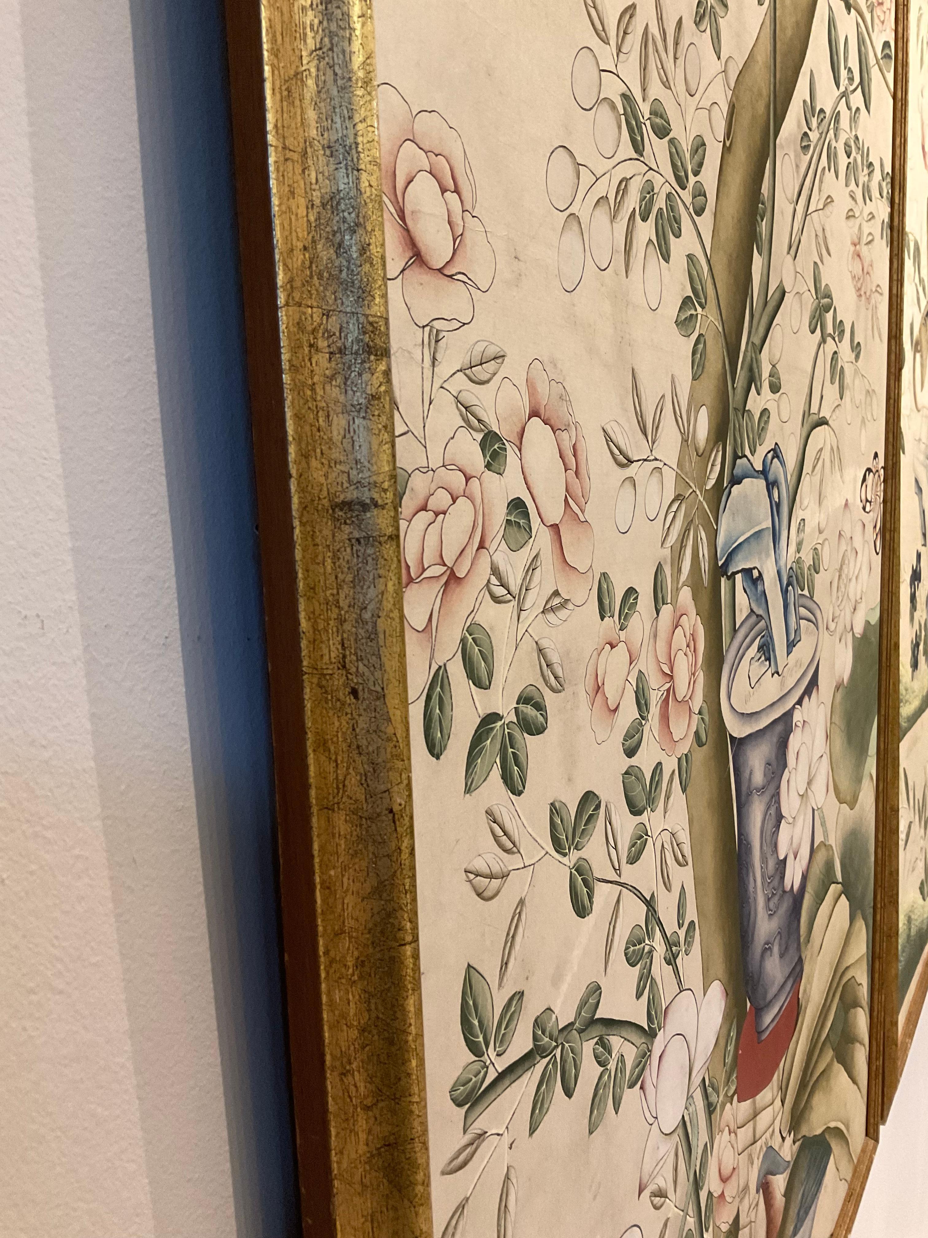 Pair of 1920s English Chinoiserie Panels Painted on Paper in a Decorative Frame 1