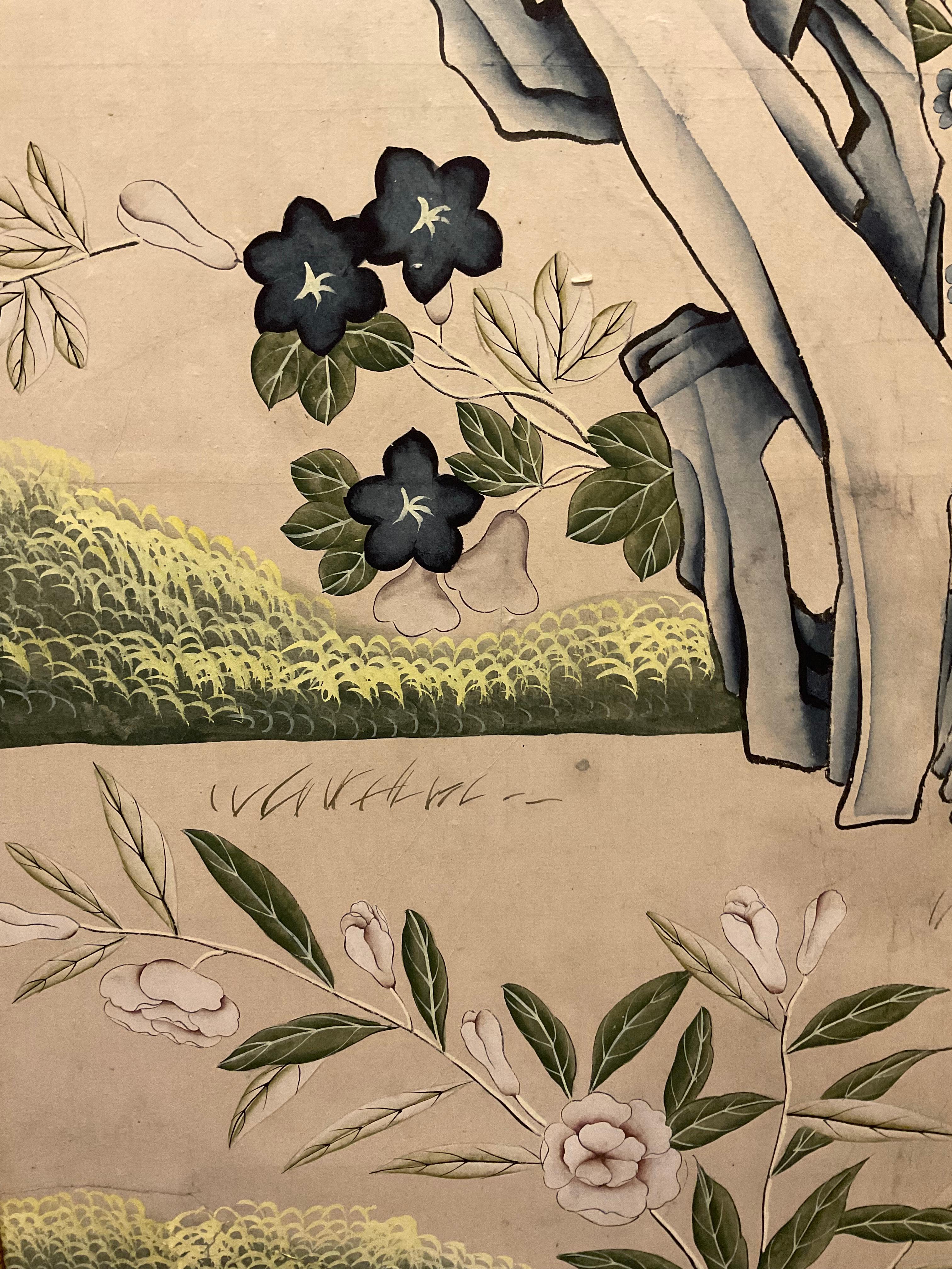 Pair of 1920s English Chinoiserie Panels Painted on Paper in a Decorative Frame 3