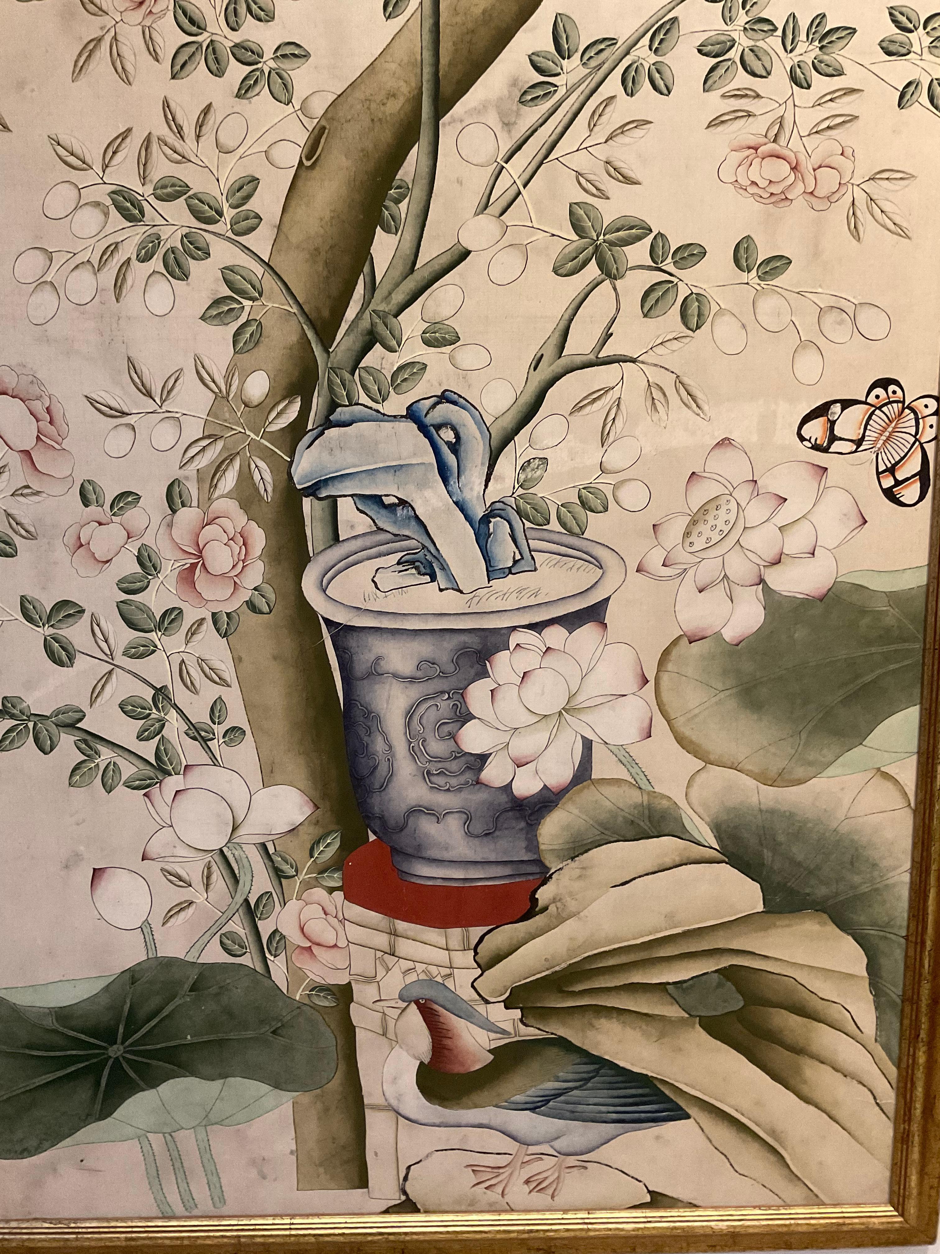 Pair of 1920s English Chinoiserie Panels Painted on Paper in a Decorative Frame 4