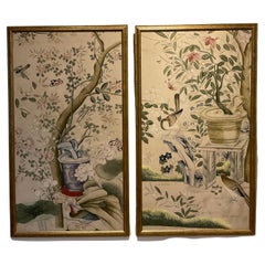 Pair of 1920s English Chinoiserie Panels Painted on Paper in a Decorative Frame
