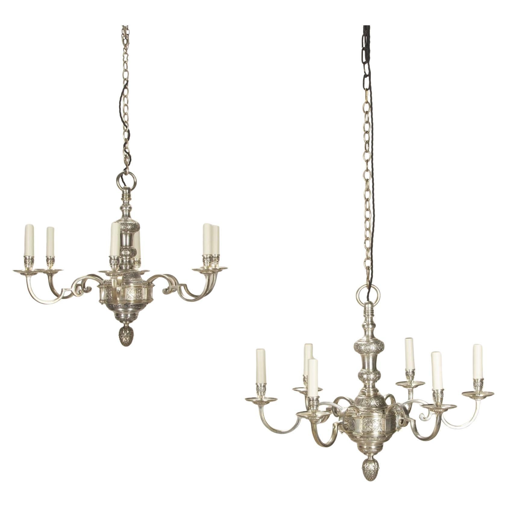 Pair of 1920s English Silver Plated Chandeliers